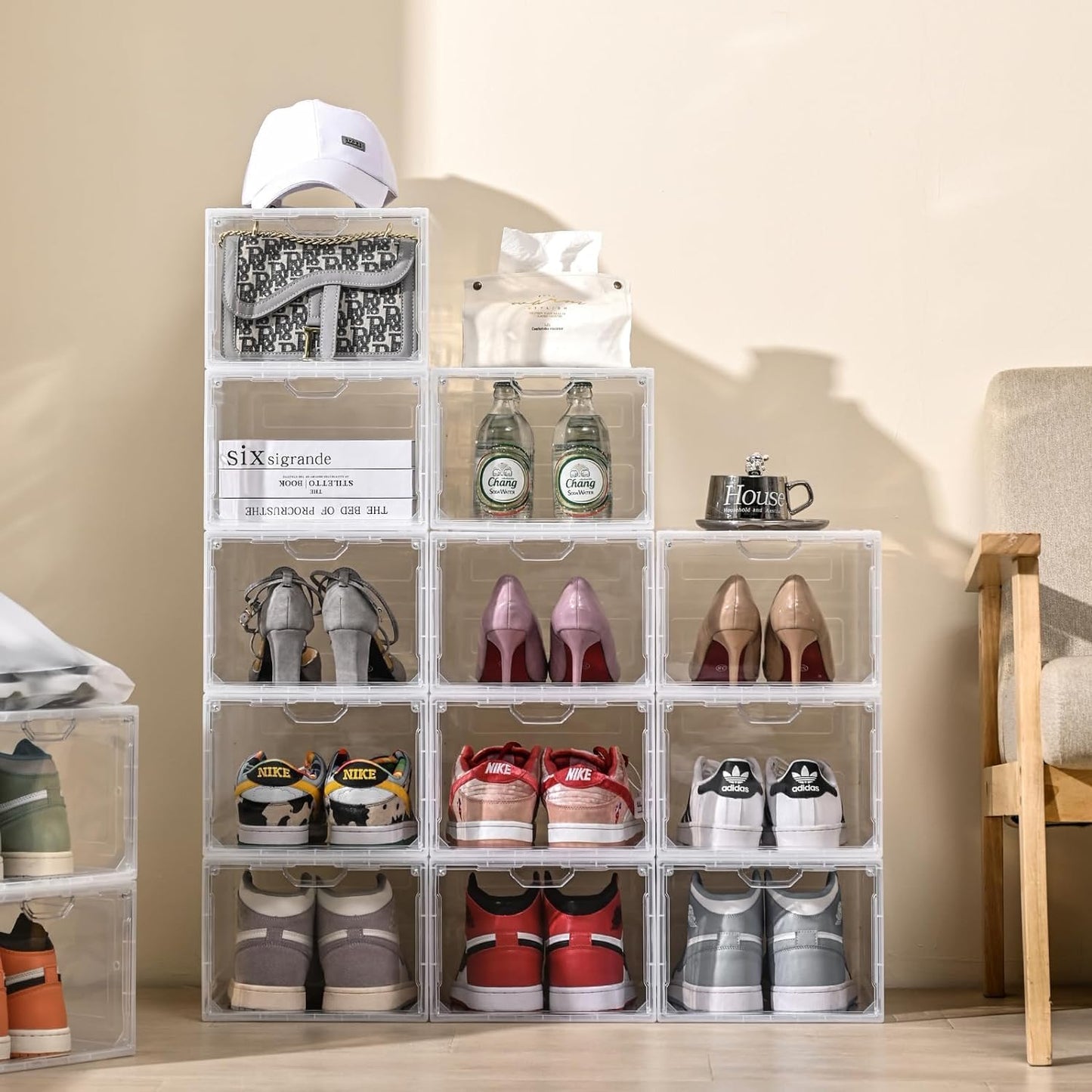 9 Pack Thicken Shoe Organizer Stackable,Upgraded Sturdy Shoe Storage Box with Magnetic Door,Shoe Containers For Sneaker Display,Hat Organizer,White