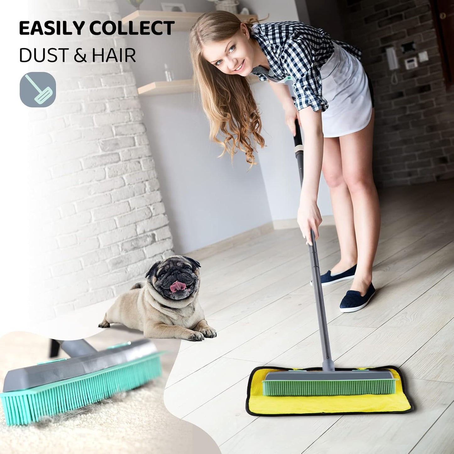 Conliwell Rubber Broom Carpet Rake for Pet Hair, Fur Remover Broom with Squeegee, Portable Detailing Lint Remover Brush (Iron Handle)