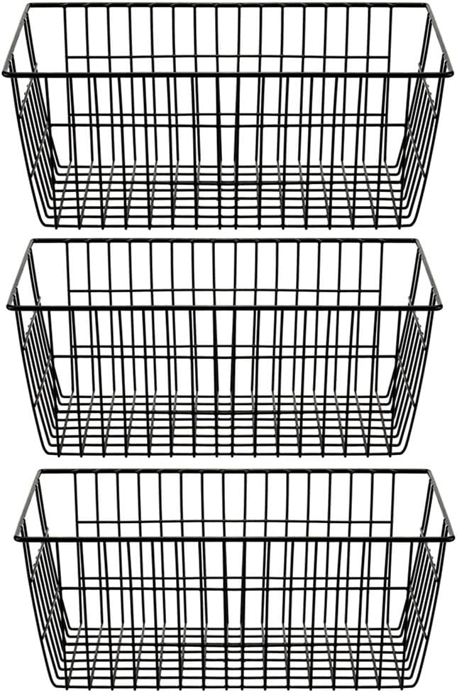 SANNO Freezer Baskets Wire Storage Baskets Closet Baskets Bin Farmhouse Organizer Storage Bins Large Organizer Bins for Home, Office, Bathroom, Pantry Organization Storage -Black Set of 3, 15.7"