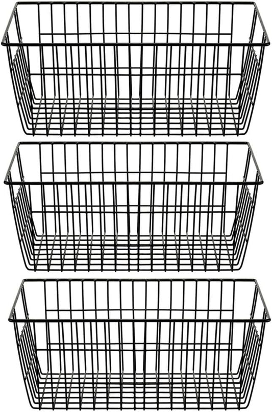 SANNO Freezer Baskets Wire Storage Baskets Closet Baskets Bin Farmhouse Organizer Storage Bins Large Organizer Bins for Home, Office, Bathroom, Pantry Organization Storage -Black Set of 3, 15.7"