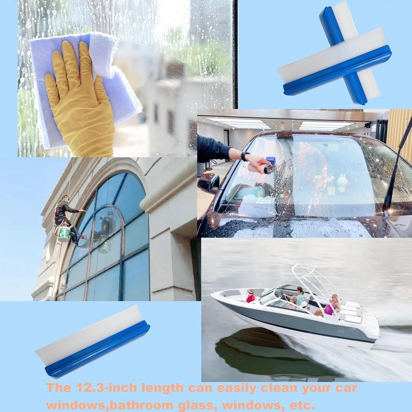 2pack 12inch Car Drying Squeegee Water Blade Universal Quick Drying Squeegee Wiper Flexible T-Bar Water Blade Silicone Squeegee for Car,Glass,Windshield,Bathroom Blue Handle