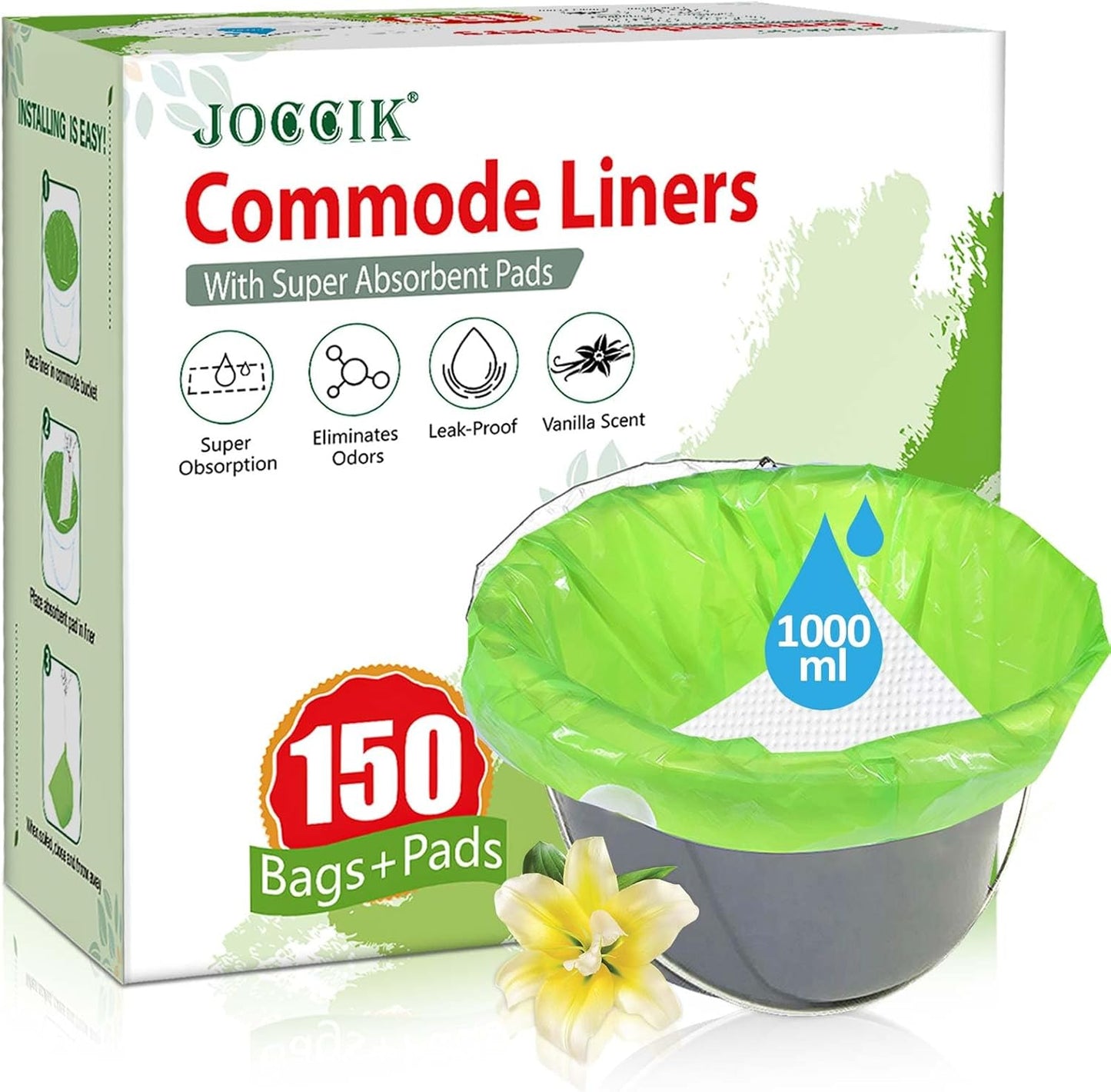 Bedside Commode Liners, 150 Bags + 150 Pads for Bedside Toilet Chair Bucket, Super Absorbent, Unscented, Leak-Proof, Universal Size