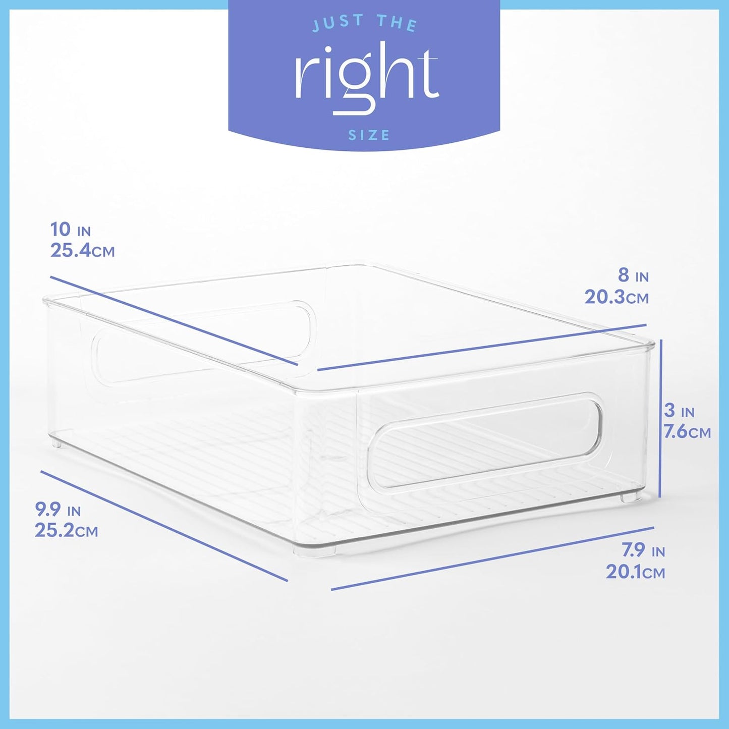 Plastic Food Storage 2 pack Clear Container Bin with Handles for Organizing Kitchen, Pantry, Refrigerator, Freezer, Pantry, Cabinet, Closet, Bathroom. Stackable 10”x8”x3”