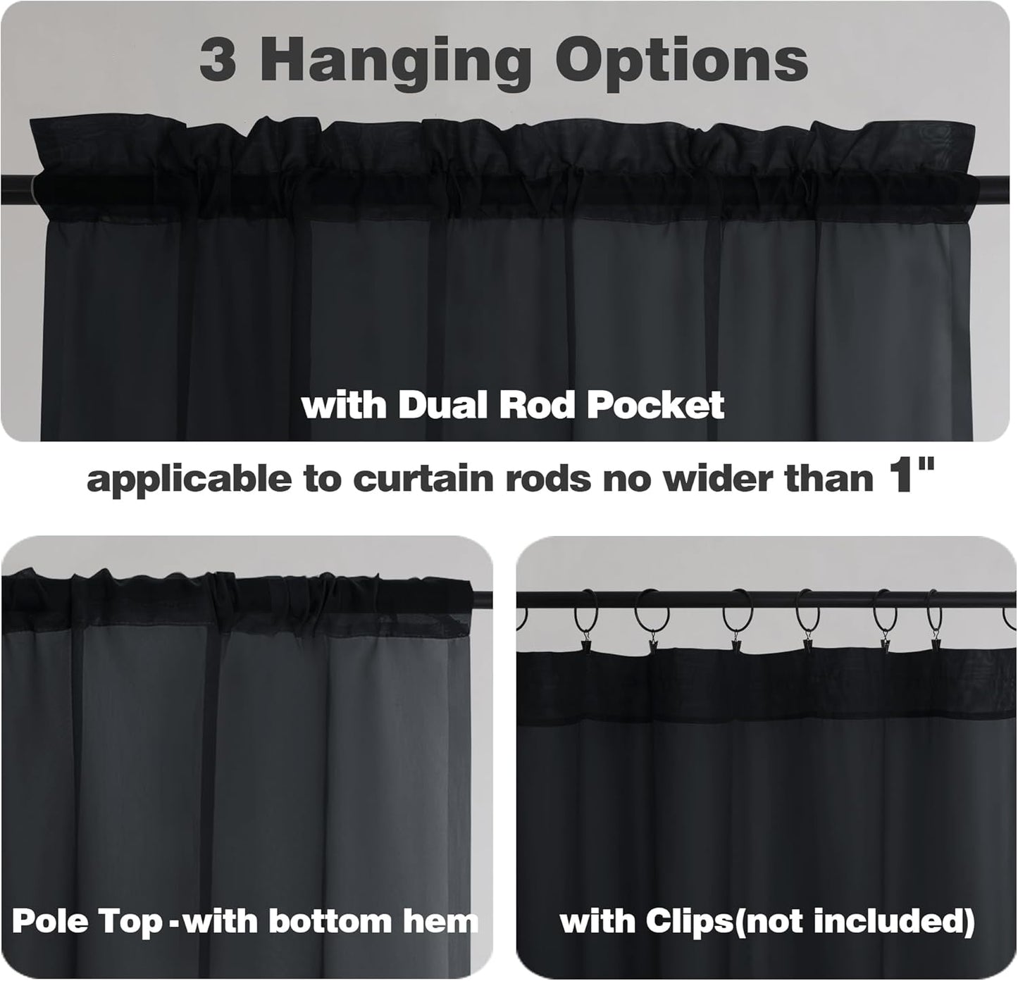 Chyhomenyc Black Sheer Valances for Windows 2 Pack, 42W x 14L Inches Small Window Curtains for Living Room Bathroom Cafe Laundry Basement, Elegant Top Dual Rod Pocket Voile Curtain