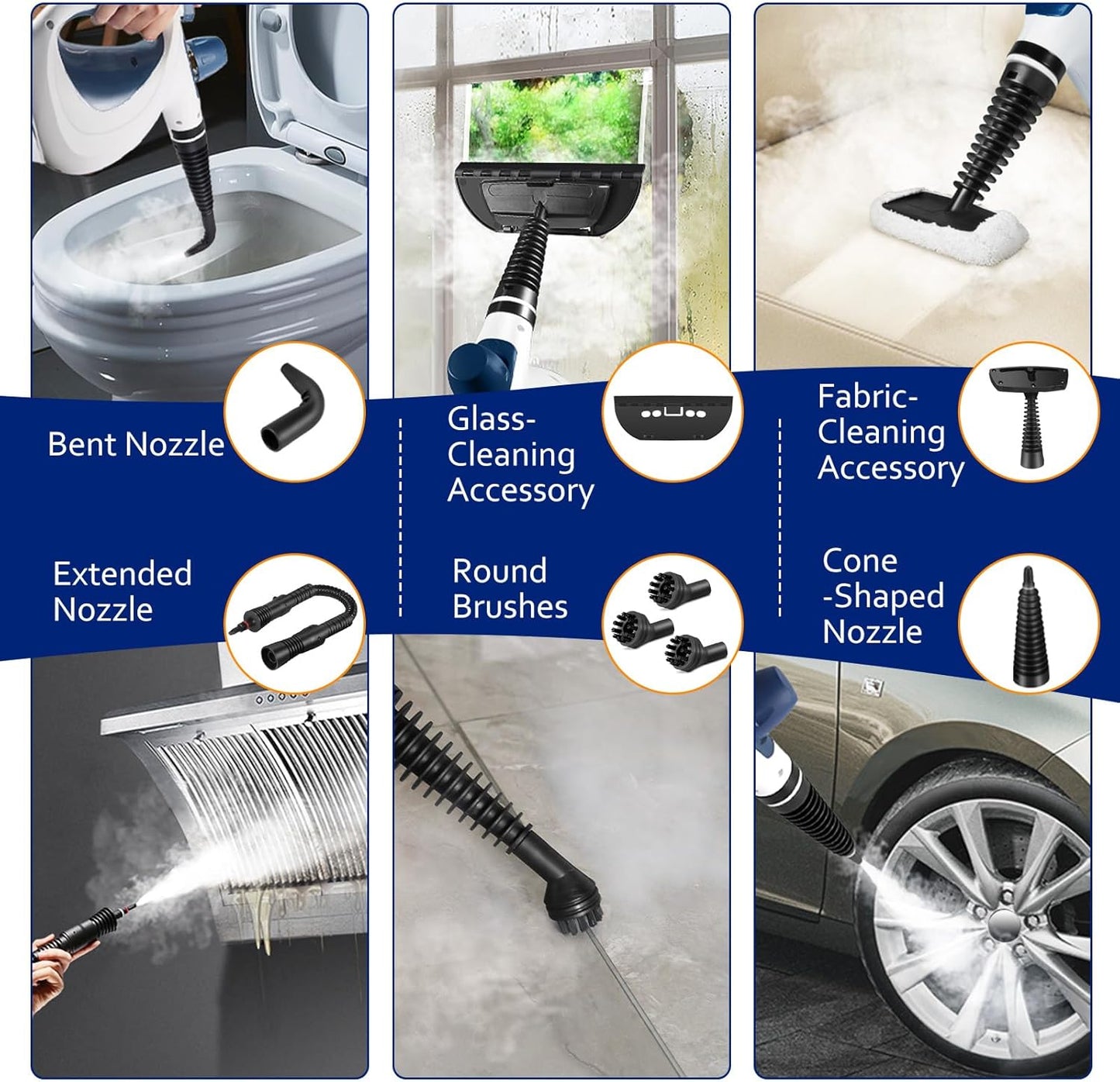 Pressurized Handheld Multi-Surface Natural Steam Cleaner with 12 pcs Accessories, Multi-Purpose Steamer for Home Use, Steamer for Cleaning Floor, Upholstery, Grout and Car (White&Blue)