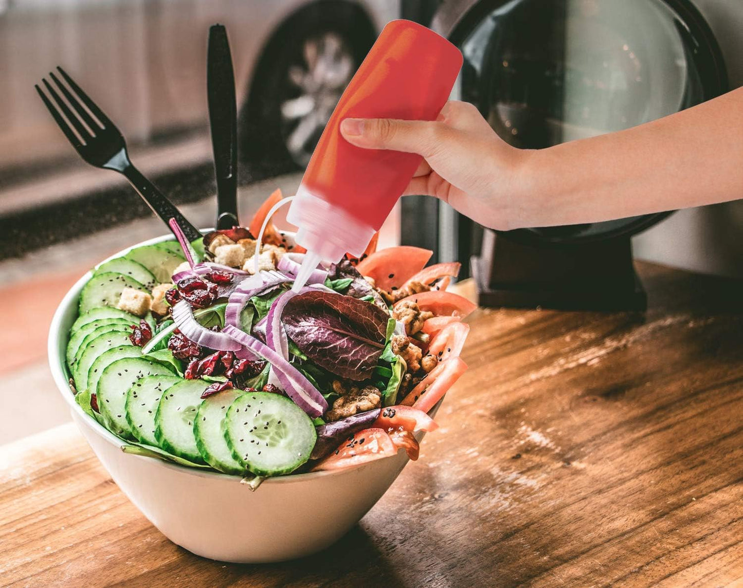 Squeeze Bottles for Sauces 2 Pack, Ketchup Bottle 12 Ounce Plastic Dressing Squirt Bottle with Cap Lids and Funnel, Condiment Bottles for Liquids BBQ Dressing Pancake Art Dispenser