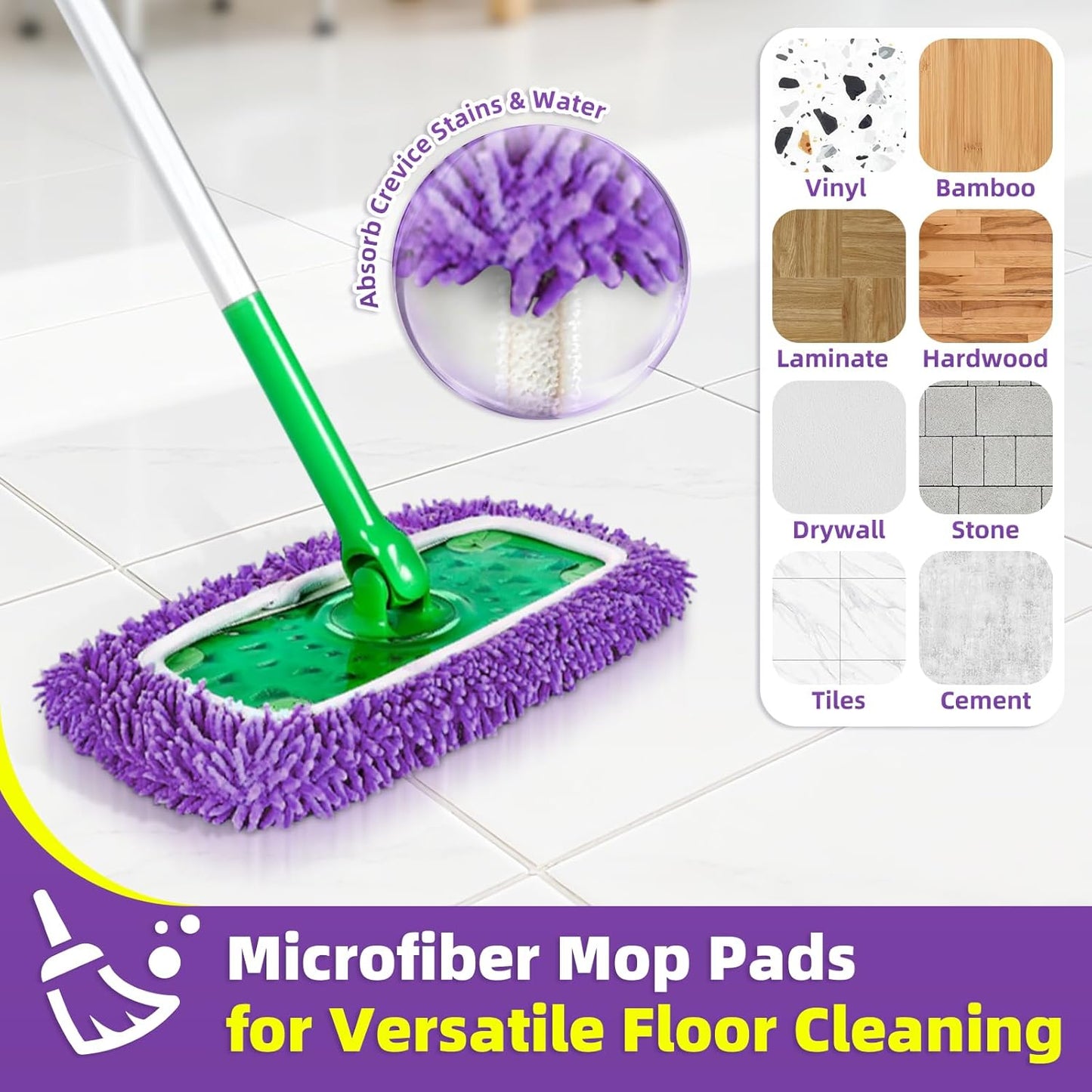 Reusable Mop Pads Compatible with Swiffer Sweeper Mop - Microfiber Dry Sweeping Cloths & Washable Wet Pads Refill Chenille Wet Mopping Cloths for Use on All Sealed Floors Cleaning(Mop is not Included)