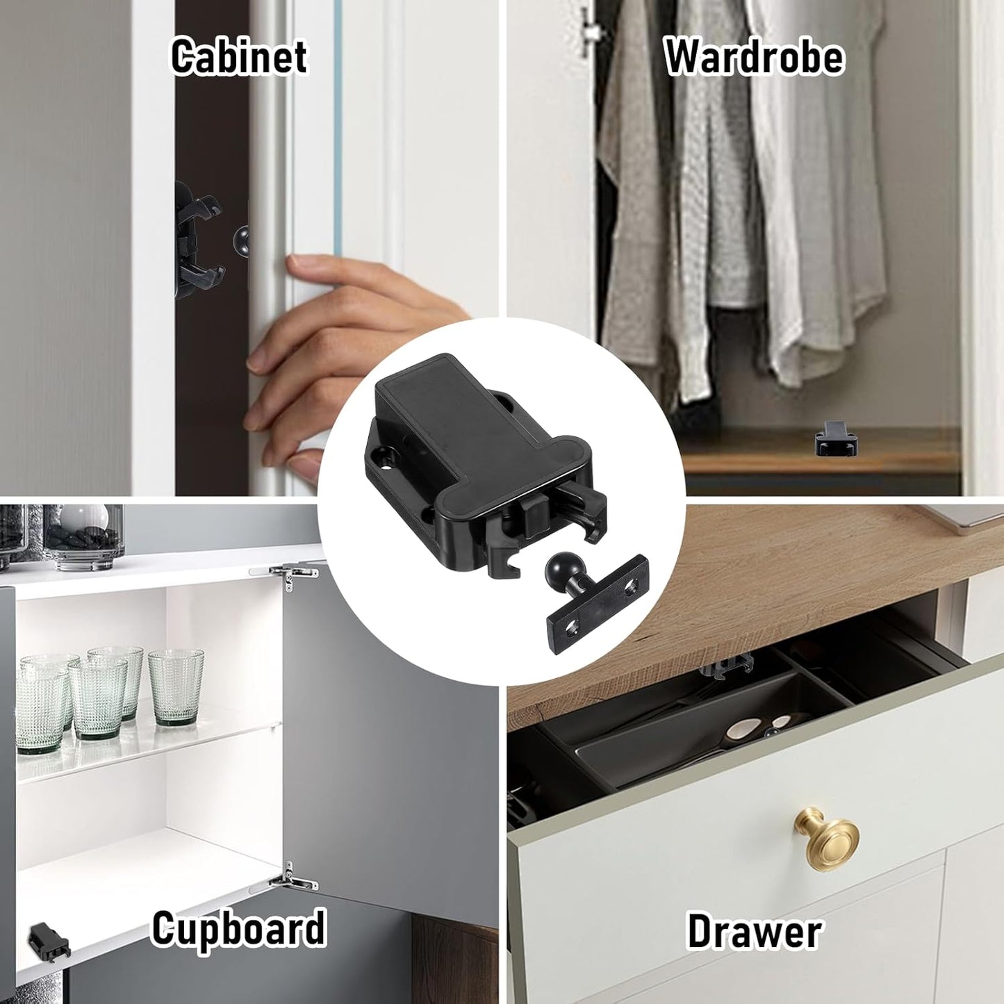 4Pack Push Latches for Cabinets, Push to Open Catch Lock,Safe Rebound Self-Locking Device Drawer Catch Push to Open Door Latch Cabinet Hardware for Cabinet Drawer Wardrobe Kitchen Door