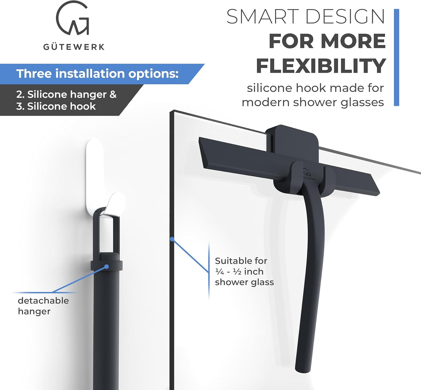 GÜTEWERK Shower Squeegee for Glass Doors, Silicone Window Squeegee, Bathroom and Glass Cleaning - Black - 15 Inch