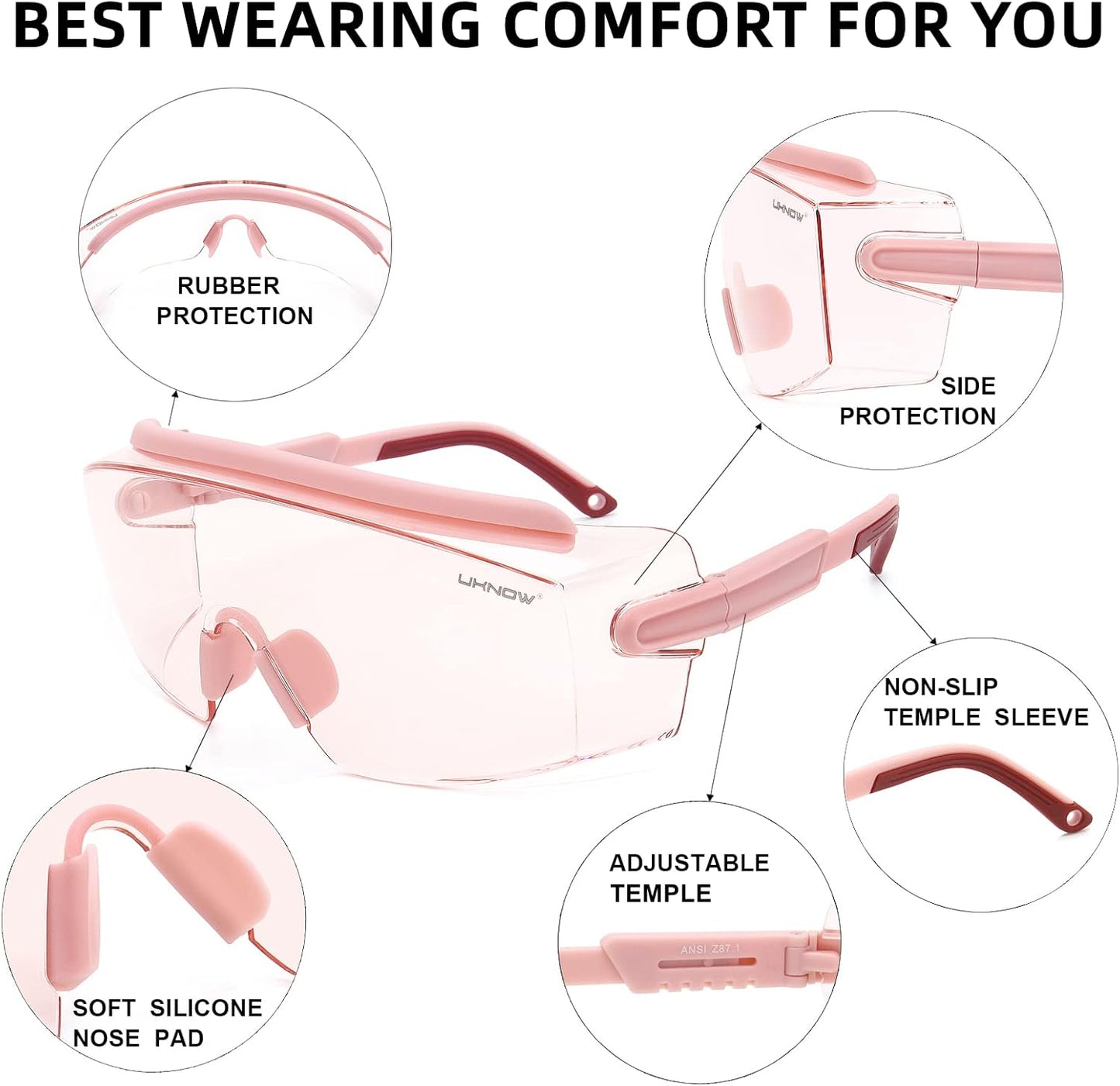 UKNOW Safety Goggles Over Glasses, Safety Glasses Anti Fog Wraparound Eye Protection, Protective Eyewear ANSI Z87.1