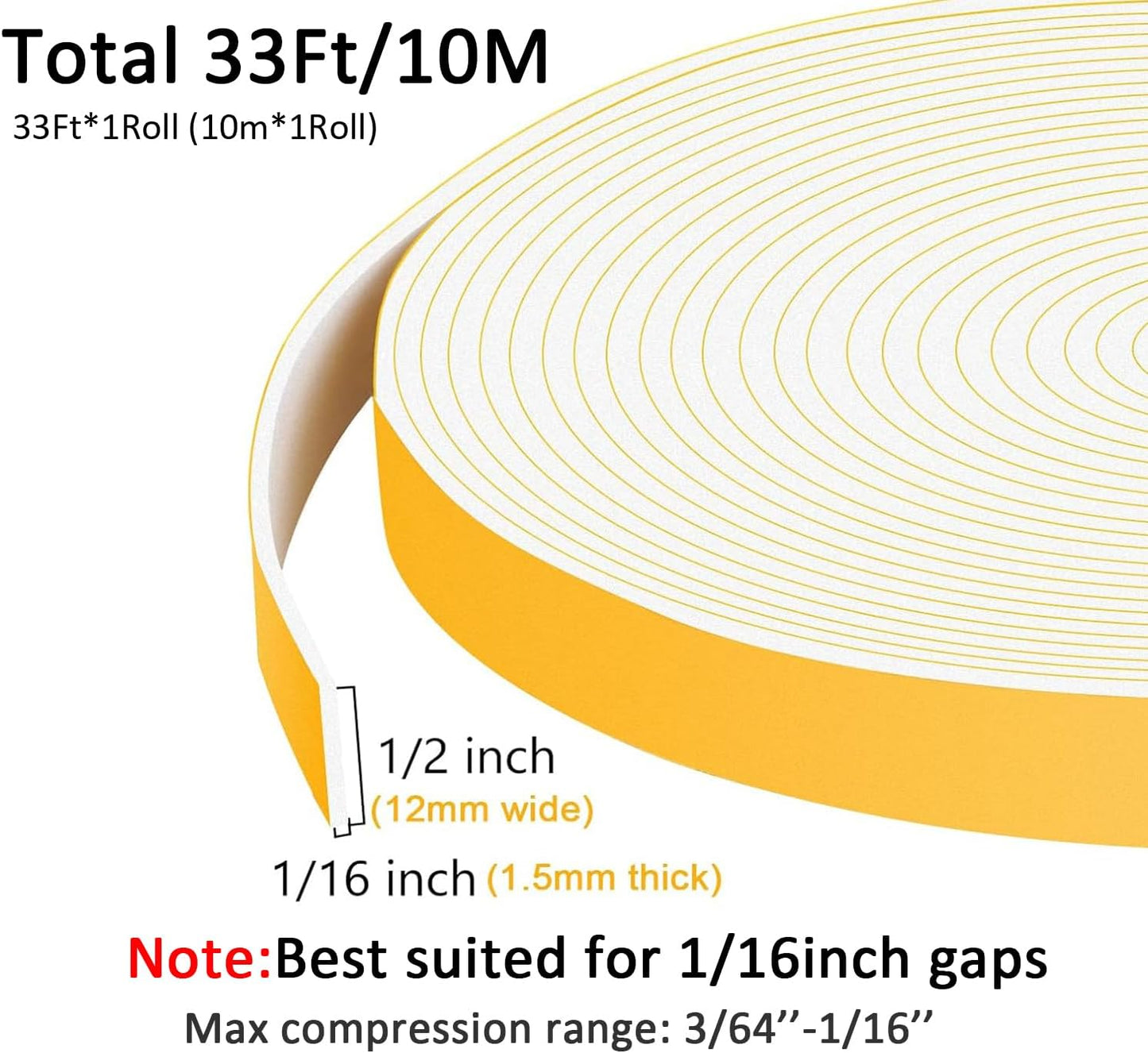 White Strong Adhesive Seal Foam Tape, Weather Stripping for Door and Window, Seal Gasket for Speaker, Door Insulation, Soundproofing, Weatherproof Rattle (1/2 in x 1/16 in x 33Ft)