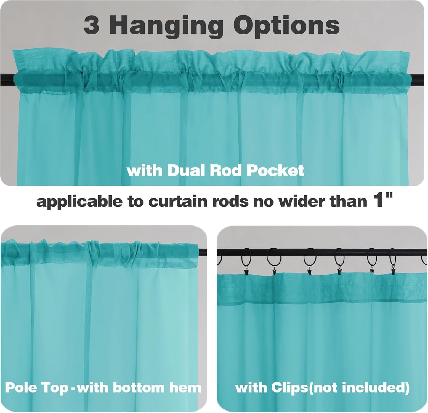 Chyhomenyc Turquoise Sheer Curtains 36 inch Length 2 Panels, Light Filtering Voile Rod Pocket Short Window Curtians for Bathroom Living Room Farmhouse Small Windows, 42Wx36L inches