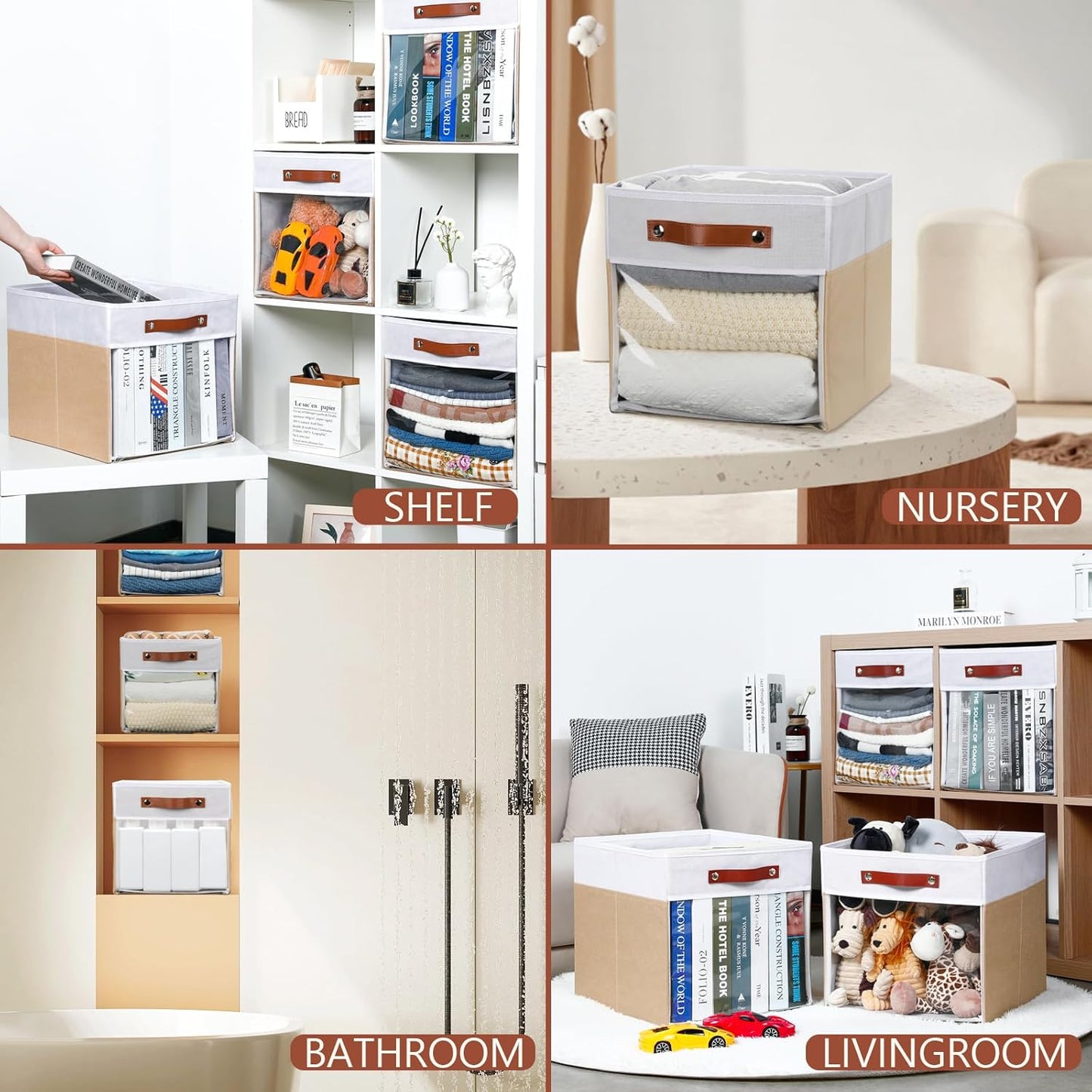 HNZIGE Fabirc Storage Cube Bins 13x13x15 Storage Cube Bins, 4 Pack Foldable Decorative Clear Cube Storage Bins for Cube Organizer Canvas Cubby Storage Organizer Bins for Shelves Pantry- White Beige