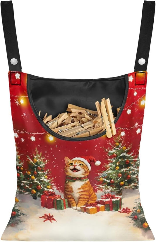2025 Christmas Cat Waterproof Clothespin Bag with Hanging Rope - 14.5x12 Inch Storage Organizer for Home, Backyard & Camping