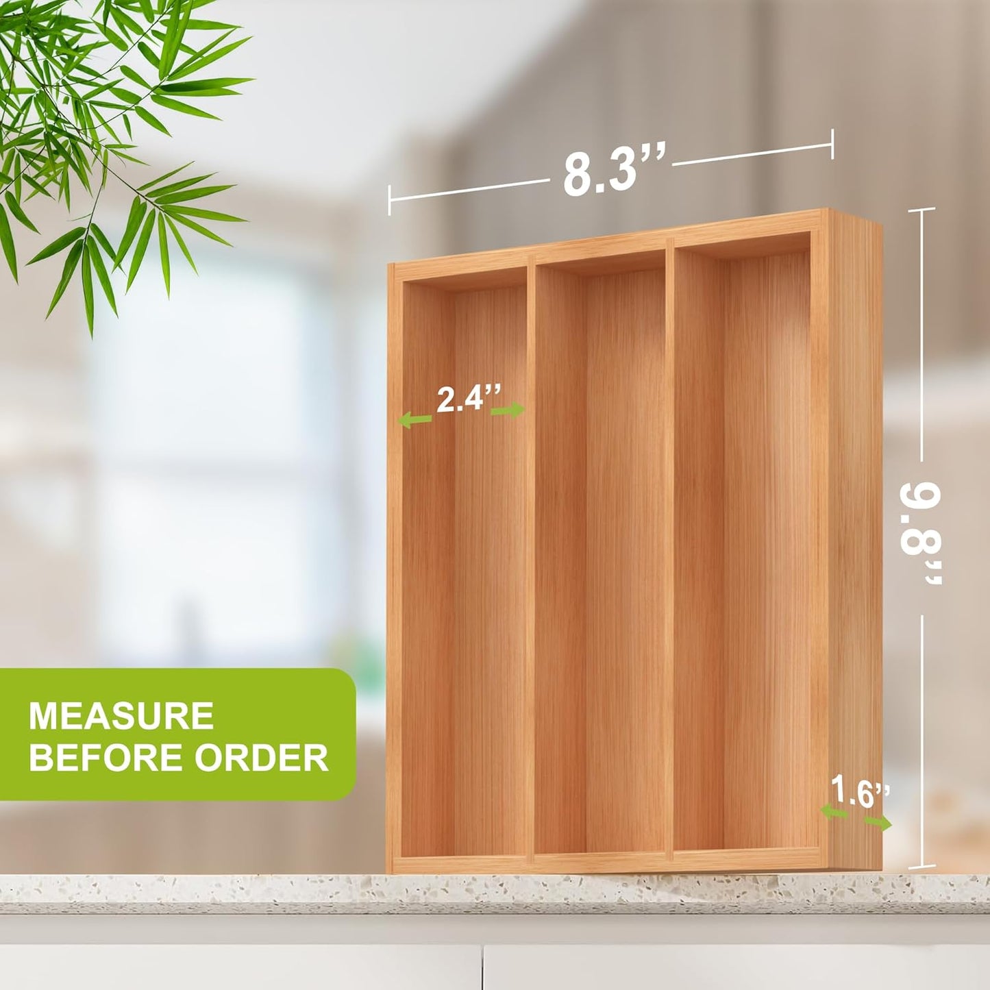 Bamboo Utensil Drawer Organizer, Silverware Tray Organizer, Kitchen Drawer Organizer for Flatware Cutlery, (Natural, 3 Slots)