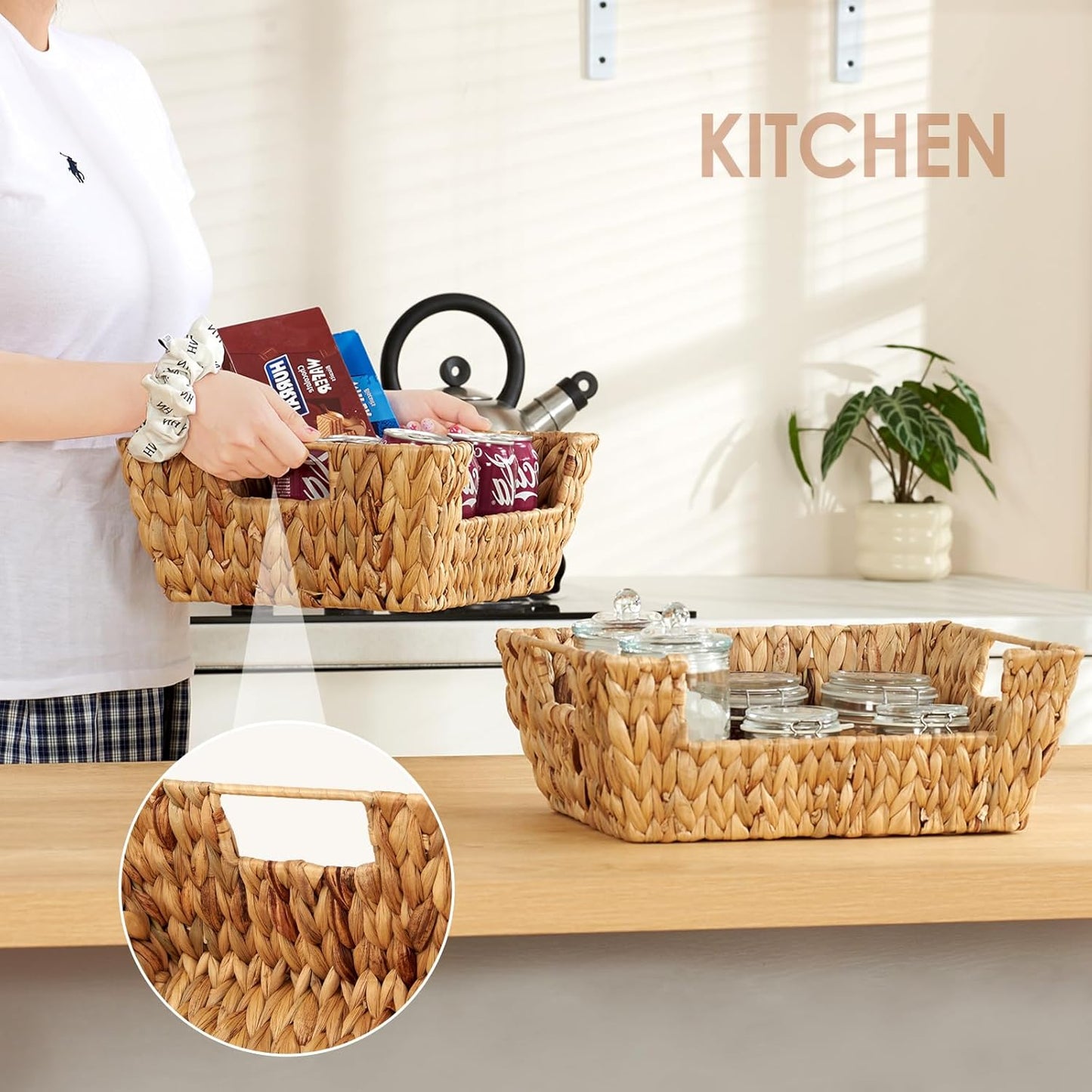 Water Hyacinth Wicker Basket 2 Pack With Handles - Pantry Storage and Organization, Handmade Large Natural Baskets for Organizing