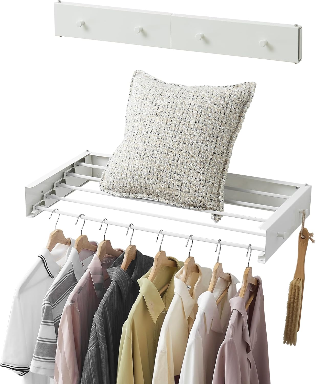 Clothes Drying Rack,Laundry Hanging Rack Collapsible,Wall Mounted Drying Rack for Laundry,Foldable Drying Rack Indoor Outdoor,31.5" Wide,5 Aluminum Rods with Hooks, 60 lb Capacity (White 31.5" Hooks)