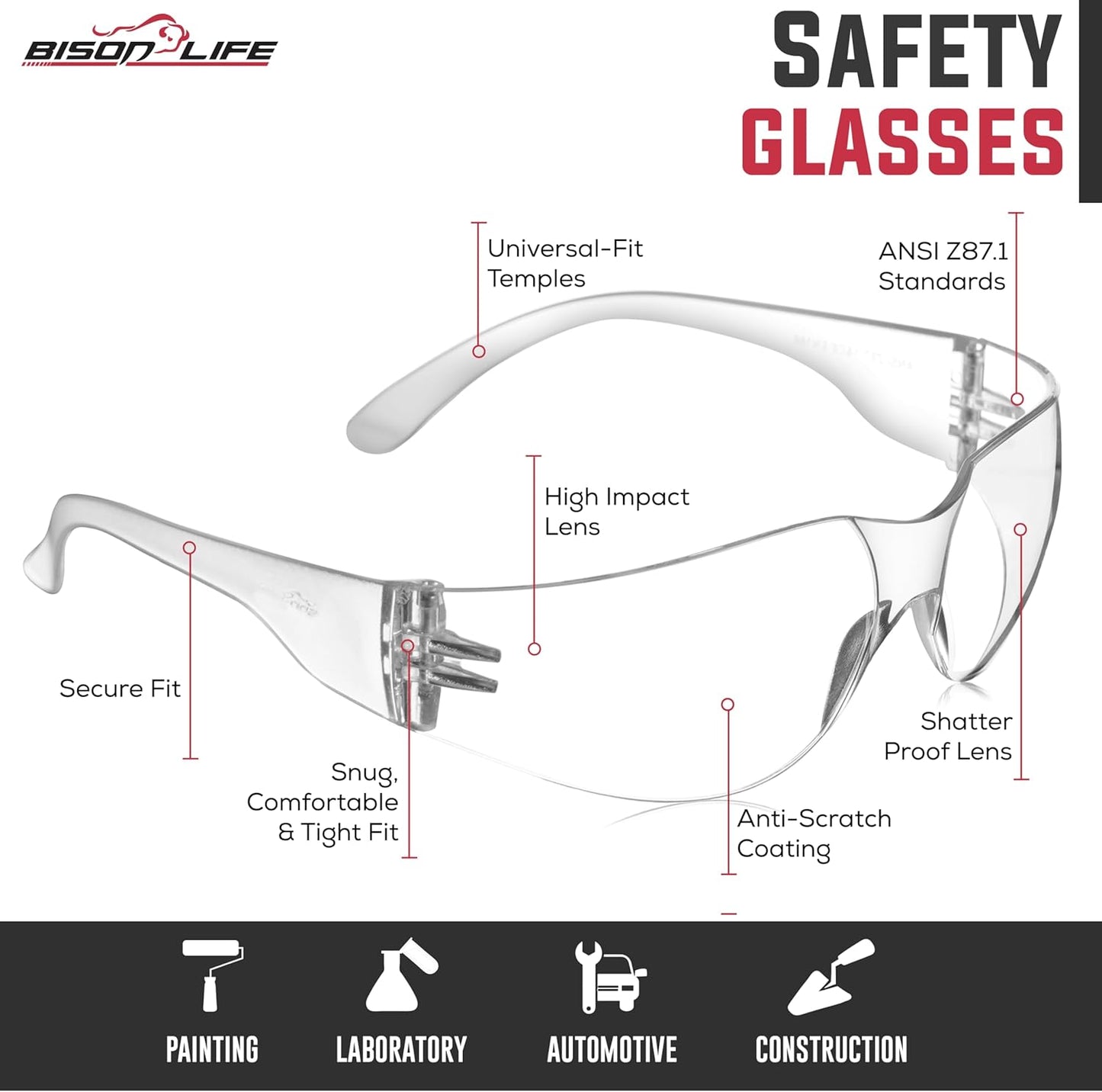 BISON LIFE Safety Glasses - Scratch Resistant Wrap Around Eyewear, Polycarbonate ANSI Z87.1 Impact Resistant Lens