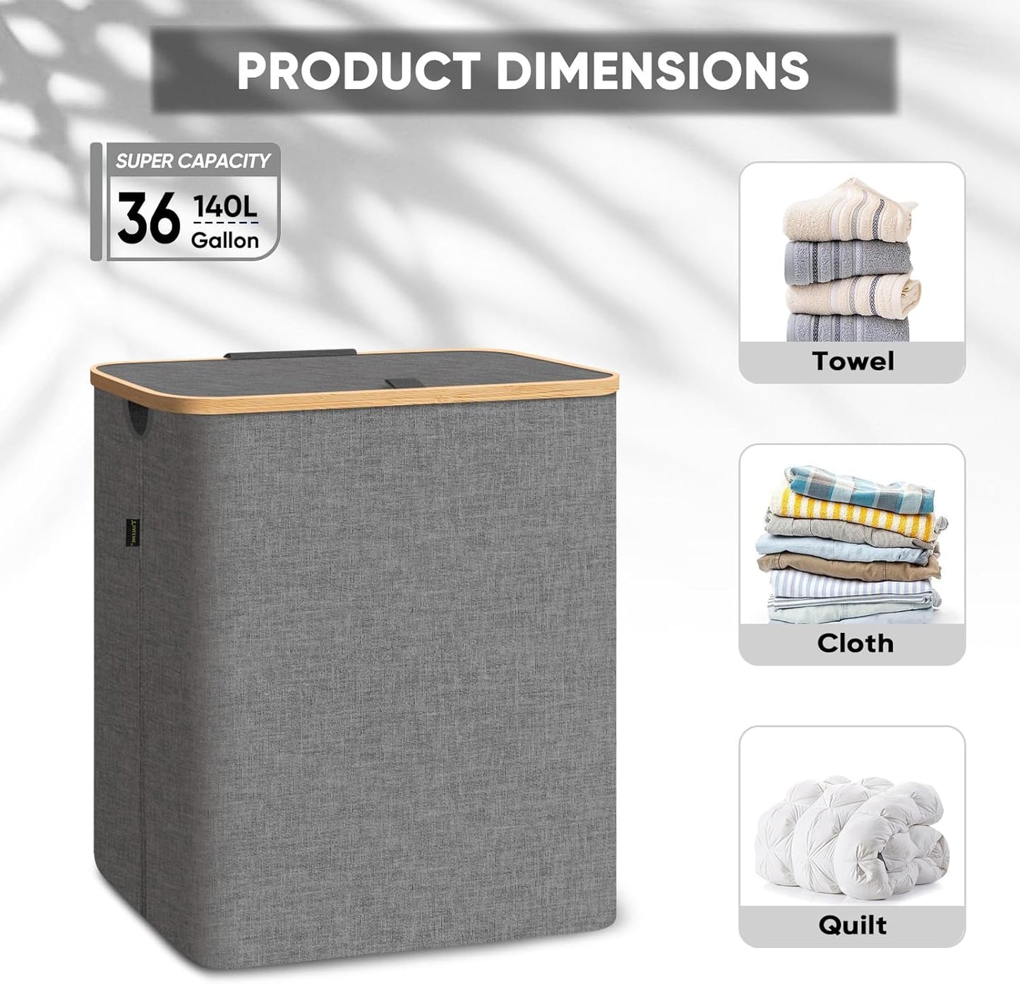 BALEINE Laundry Hamper with Lid, Tall Laundry Baskets with Bamboo Pull Handles, Large Laundry Bin with Internal Support (36 Gal/140L, Pink)