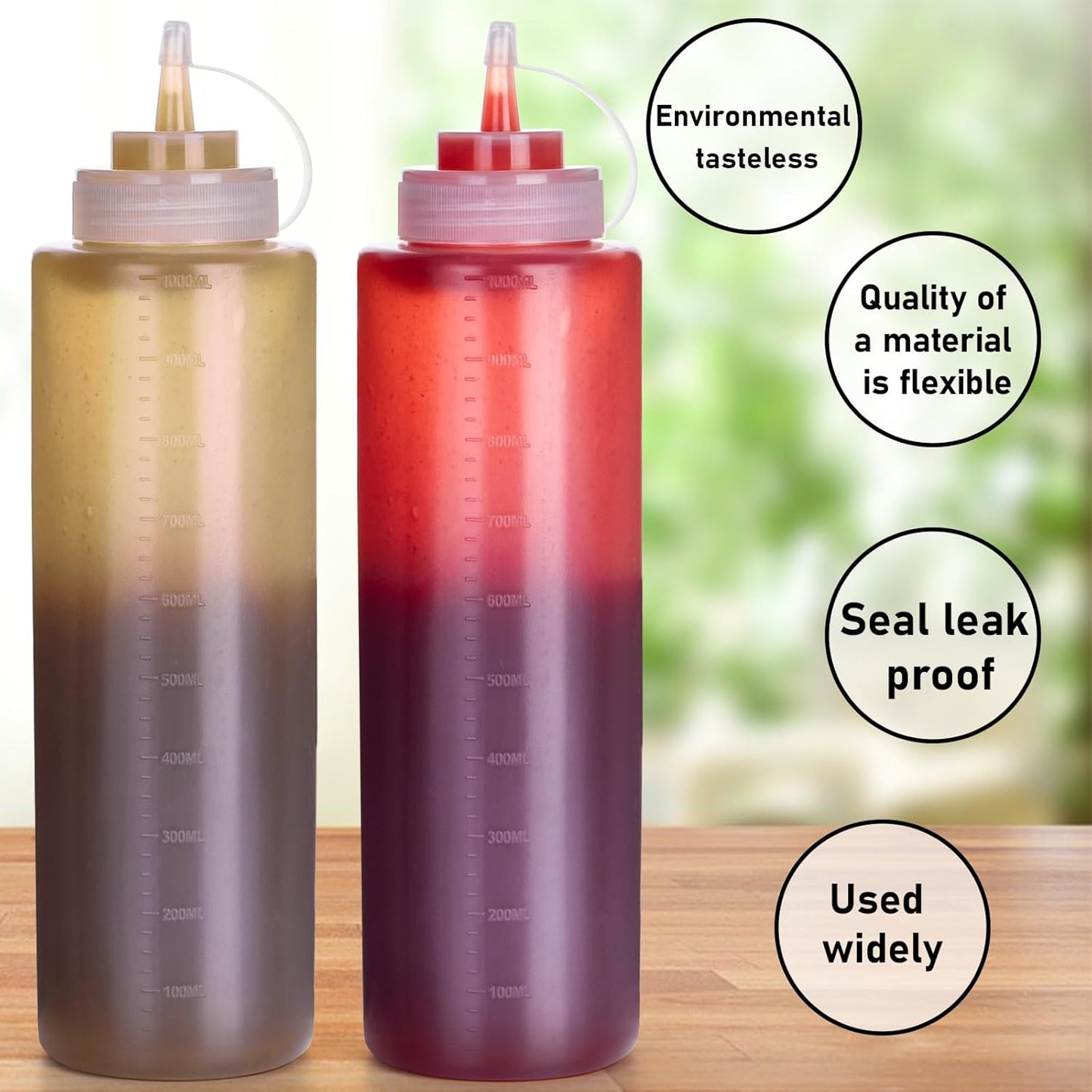 Squeeze Bottles for Sauces 2 Pack, 32 Ounce 1000ml Plastic Dressing Squirt Bottles with Cap Lids, Condiment Bottle for Liquids BBQ Dressing Pancake Art Dispenser