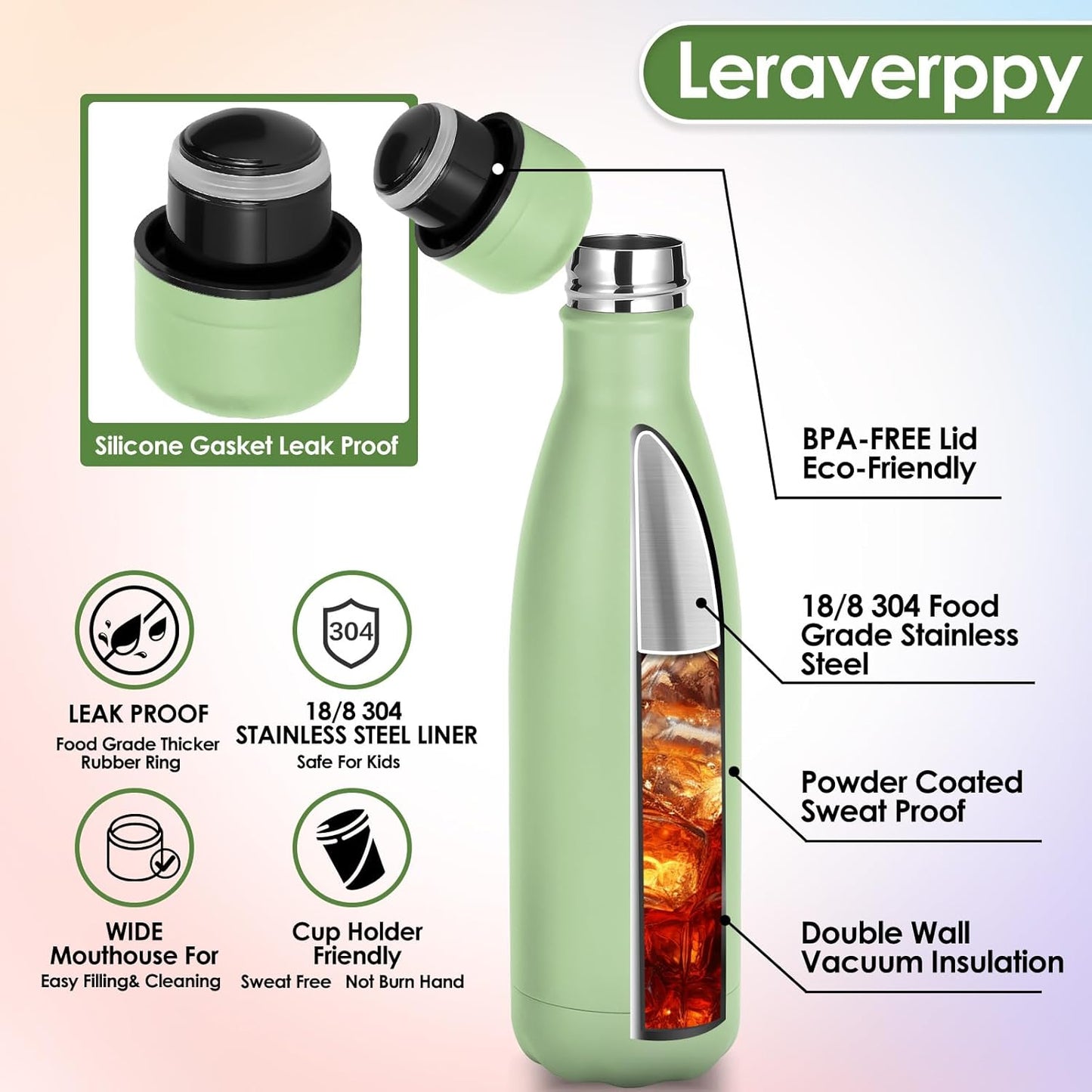 17oz Cola-Bottle Shaped Stainless Steel Leak-proof Water Bottle,Double Wall Vacuum Insulated Metal,Travel Mug For Sports Indoors & Outdoors,BPA-Free School Kids Flasks,Green(4Pack)