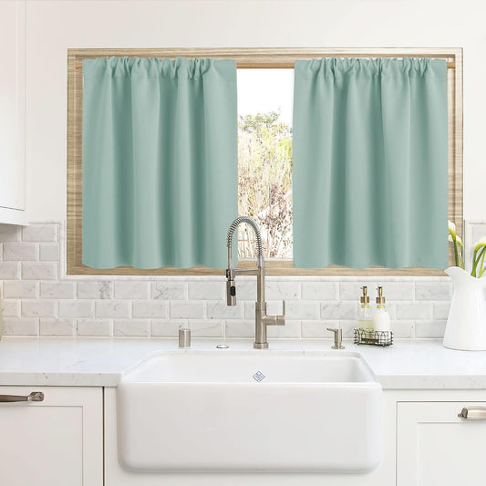 RYB HOME Blackout Curtains for Kitchen, Over Sink Privacy Curtains Window Decor, Thermal Insulating Drapes for Bathroom Cafe Bedroom Small Window, W 42 x L 24 inch, Aqua, 2 Panels