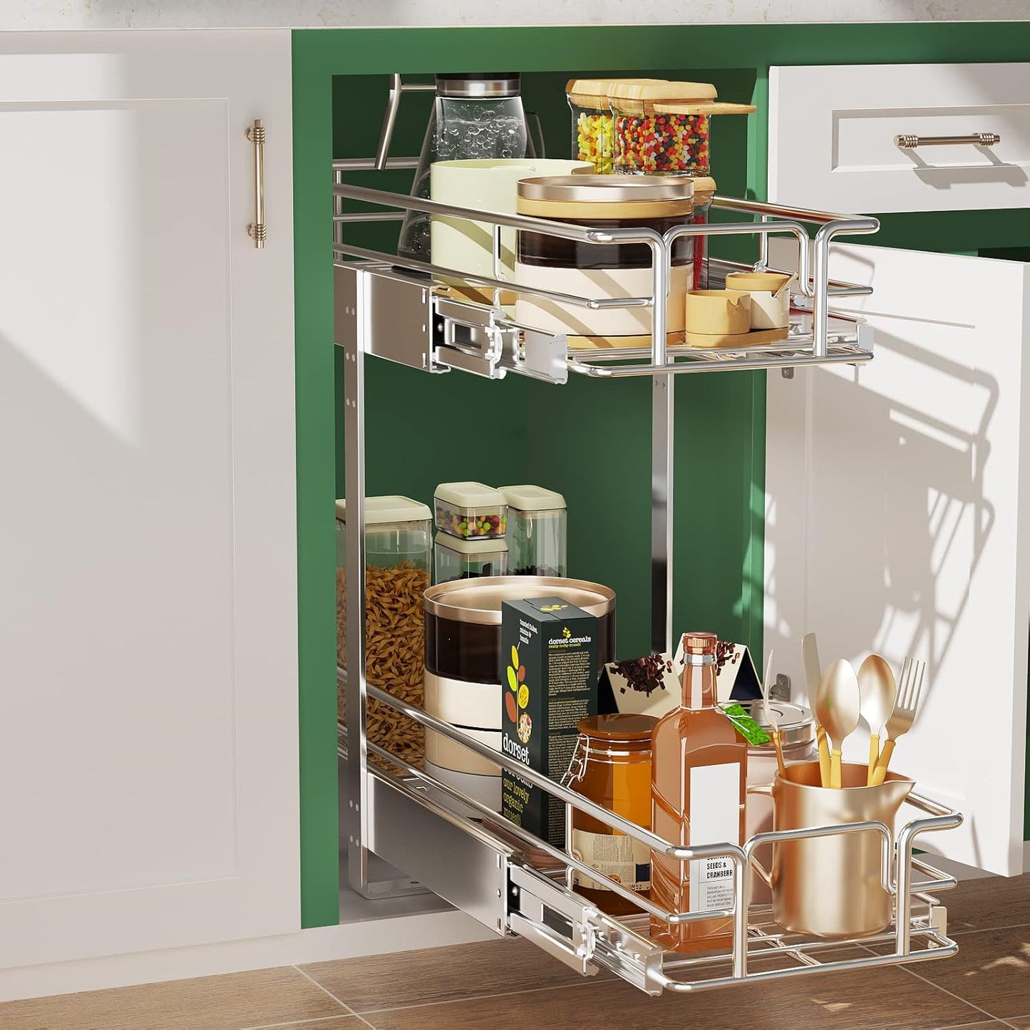 LOVMOR 2 Tier 5½" W x 21½" D, Individual Pull Organizer Kitchen Cabinet Storage Sliding Shelves