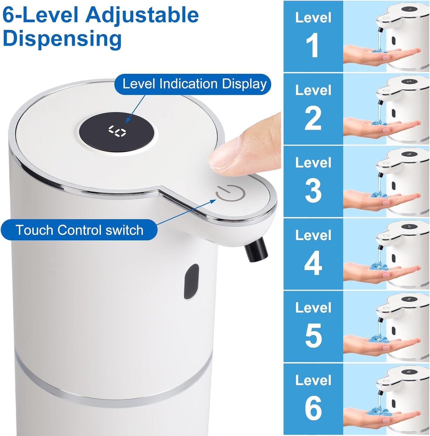 Automatic Liquid Soap Dispenser Touchless, USB-C Rechargeable Hand Soap Dispenser 12.8oz/380ml, 6-Level Adjustable Smart Soap Dispensers Wall Mounted for Bathroom and Kitchen Dish Soap