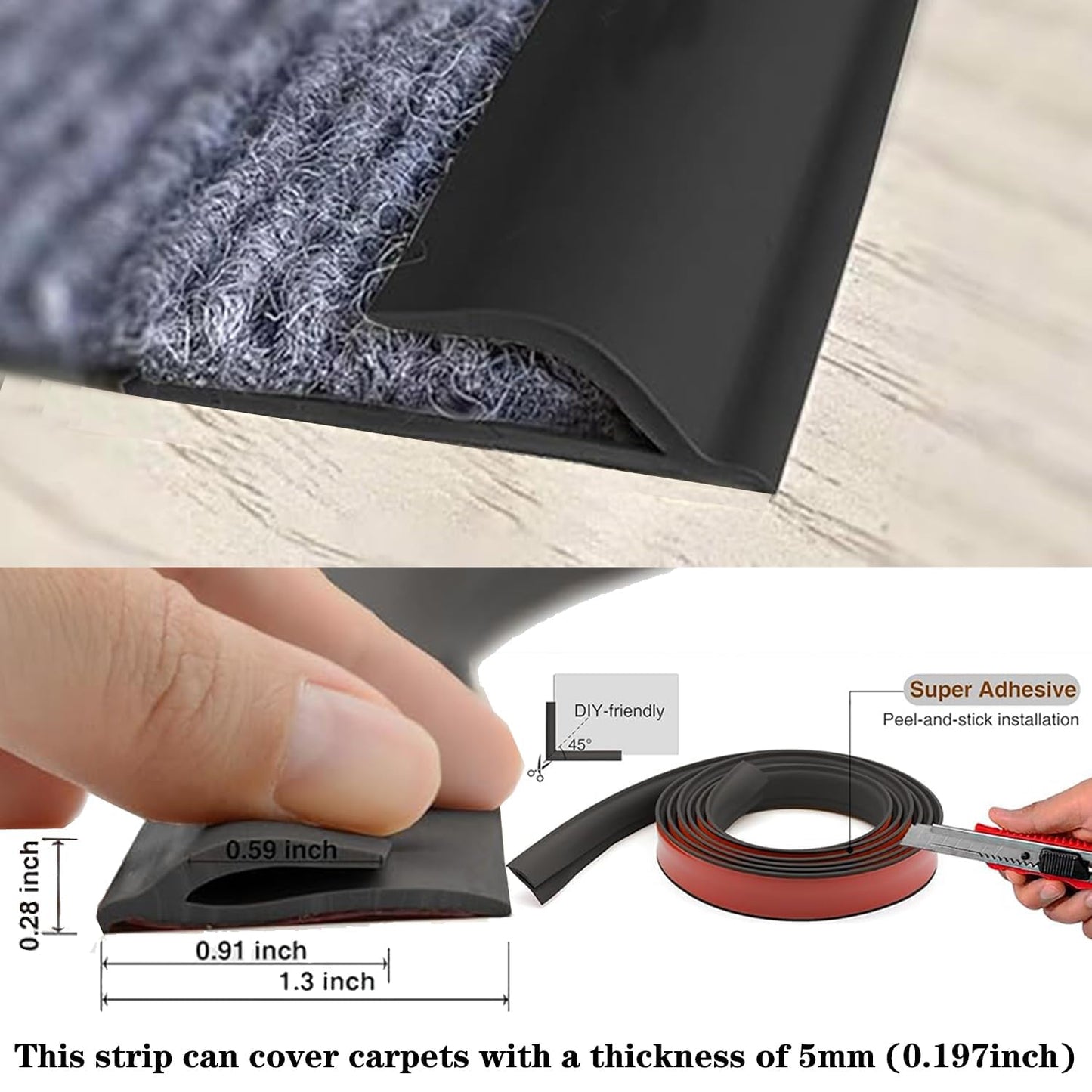 Self Adhesive Carpet Transition Strip with Edge Trim, Designed for Seamless Transitions from Carpet to Tile or Vinyl Floors, Perfect for Doorways.(Black,24ft)