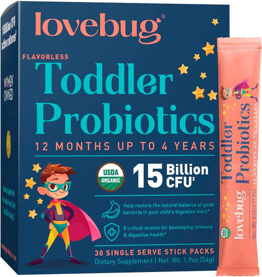 Lovebug Award Winning USDA Organic Probiotic for Toddlers & Kids | Multi-Strain 15 Billion CFU | Easy-to-Take Powder | Sugar Free | Ages 12 Months to 4 Years | 30 Count (Pack of 1)