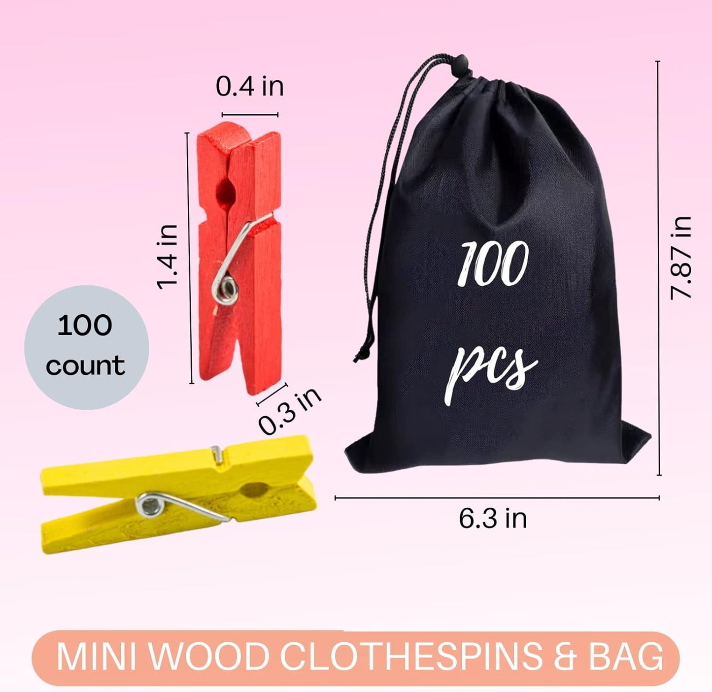 Clothespins, Small Clothes Pins for Photos, 1.4'' 100 PCS Natural Birchwood Mini Clothes Pins, Strong Springs Colorful Clothespins with Storage Bag, Mini Clothespins for Photos, Crafts, Pictures, Art
