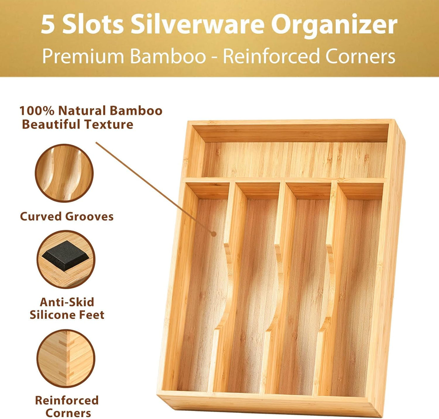 Umilife Bamboo Kitchen Drawer Organizer, 9 Inch Silverware Utensils Tray Holder for Small Drawer, Wood Caddy for Flatware Cutlery Knives