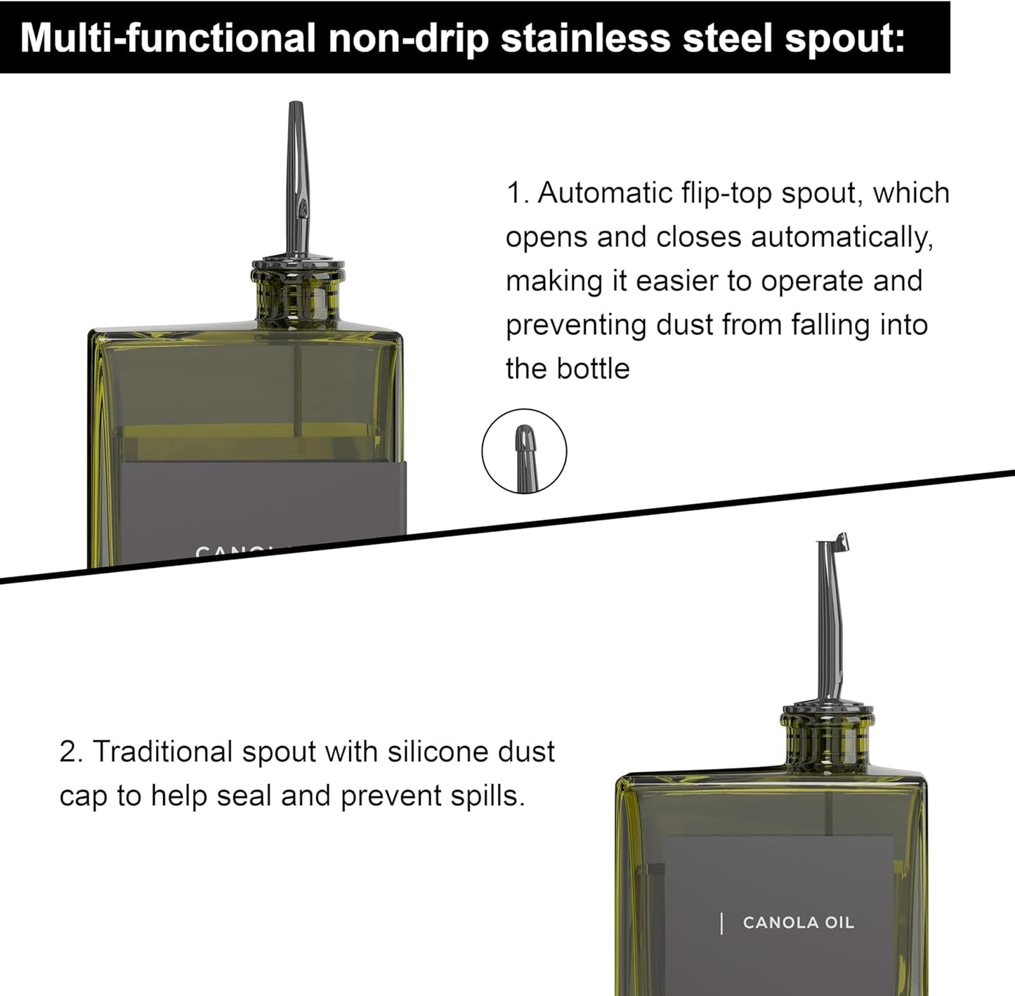 Olive Oil Dispenser for Kitchen, 16.9 oz/ 500 ml Olive Oil Dispenser Bottle, Glass Oil Bottles for Kitchen with 4 Stainless Steel Pourers, 40 Labels, 2 Pcs, Green