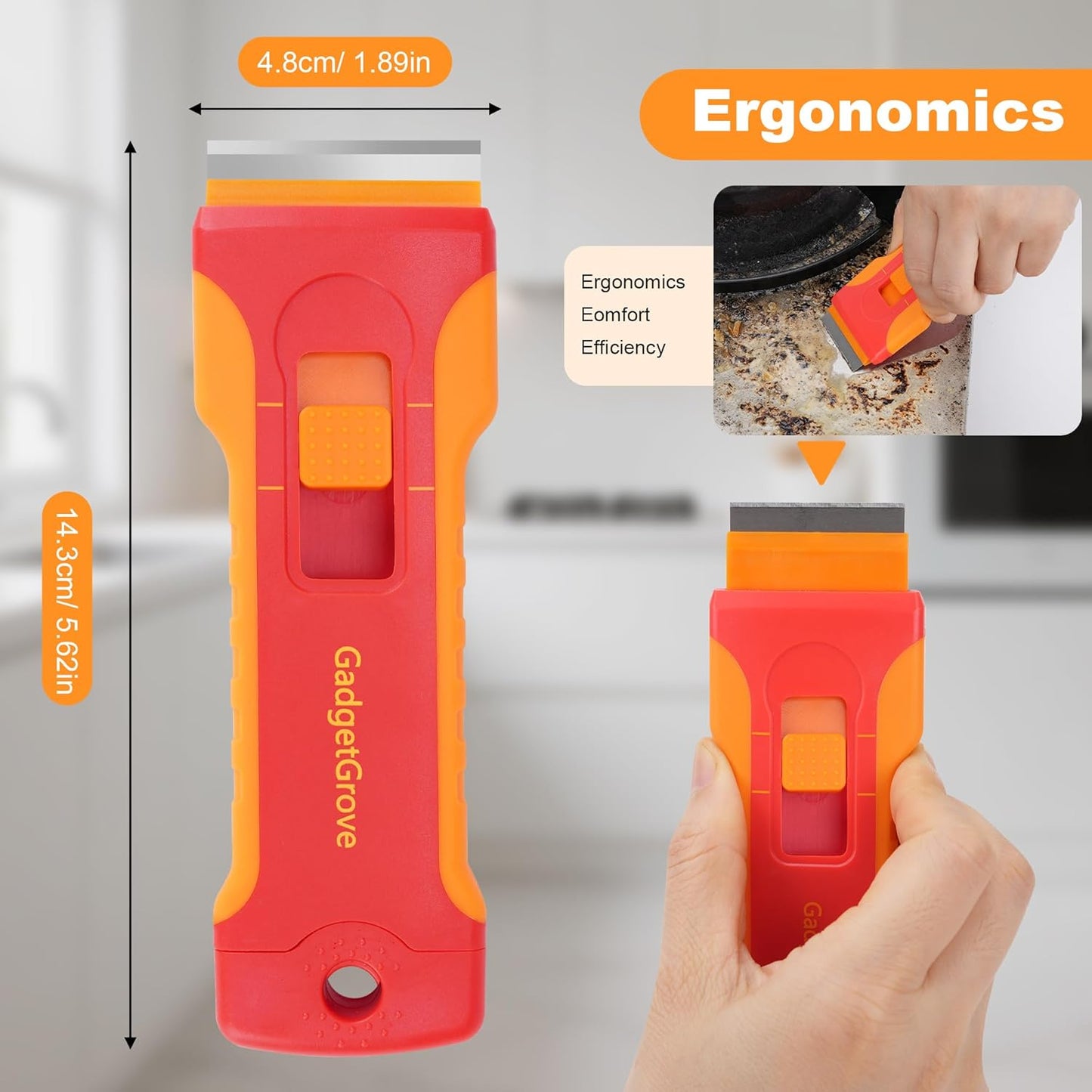 Upgraded Lock Mechanism Razor Blade Scraper with 10pcs Blades and 3Pcs small wire brushes,Scraper Tool for Clean Glass Window, Cooktop, Oven, Stove Scraper, Scraper with Buit-In Blade Storage, Orange