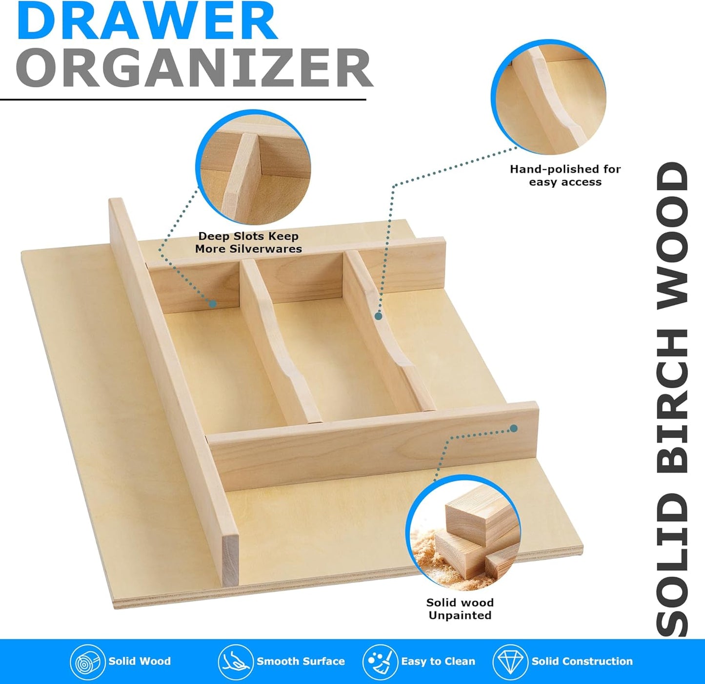 WelFurGeer Premium Wooden Silverware Organizer for Kitchen Drawers, Utensil Tray for Kitchen Drawer, Cutlery Drawer Organizer for Forks, Spoons, Knives - Sturdy Birchwood, Natural Finish