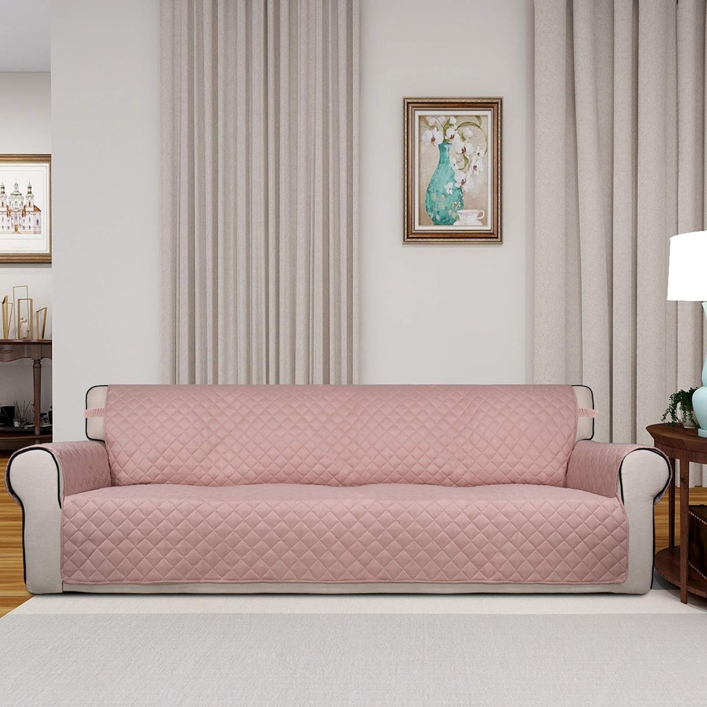 PureFit Reversible Quilted Sofa Cover, Water Resistant Slipcover Furniture Protector, Washable Couch Cover with Non Slip and Elastic Straps for Kids, Dogs, Pets (XX Large, Pink/Beige)