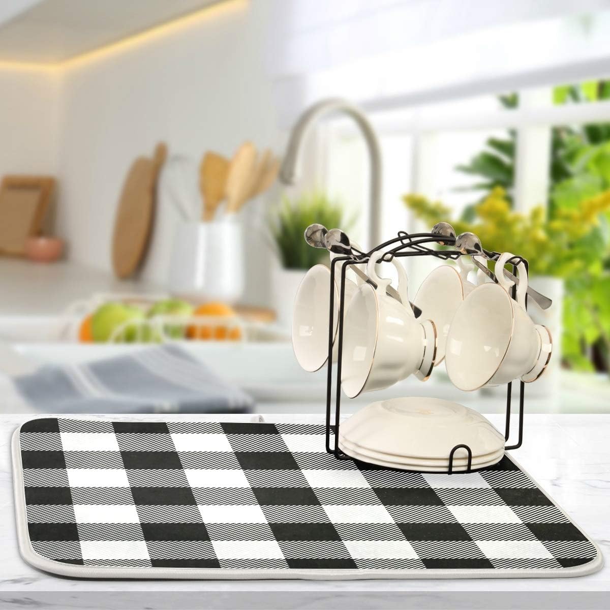 White and Black Buffalo Plaid Dish Drying Mat 18x24 for Kitchen Classic Buffalo Check Dishes Pad Dish Drainer Rack Mats Absorbent Fast Dry Kitchen Accessories