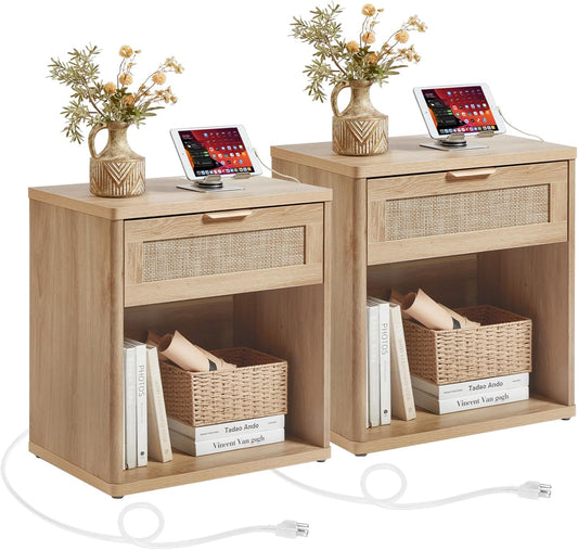 LEYAOYAO Rattan Nightstands Set of 2 with Charging Station, 23" Wide Boho Night Stand with Drawer, Natural Wood Bedside Table Open Cabinet, Bed Side End Table Dresser for Bedroom, Living Room, Hallway