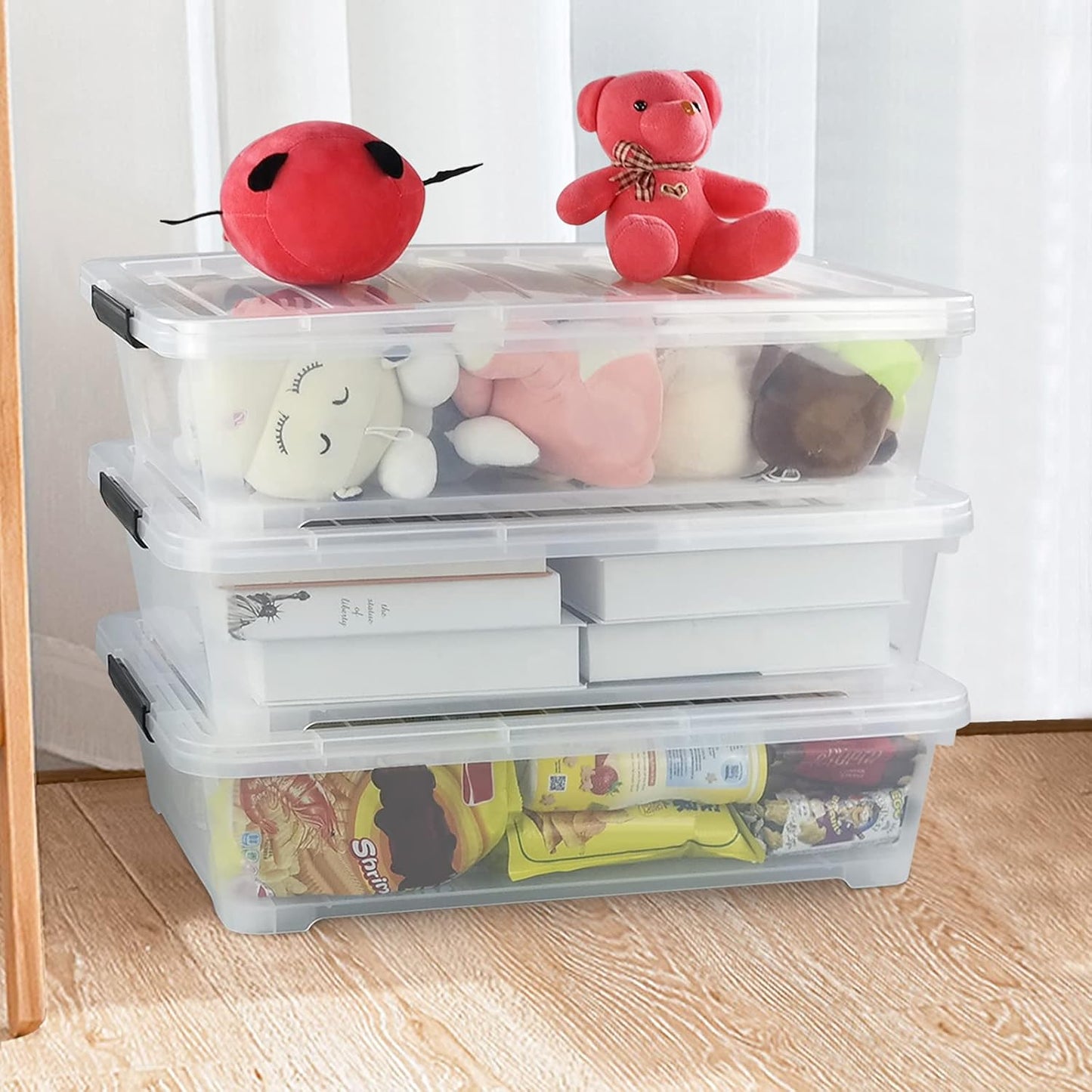3-Pack Plastic Under bed Storage Box, Clear Latch Bin with Lid, 40 Quart