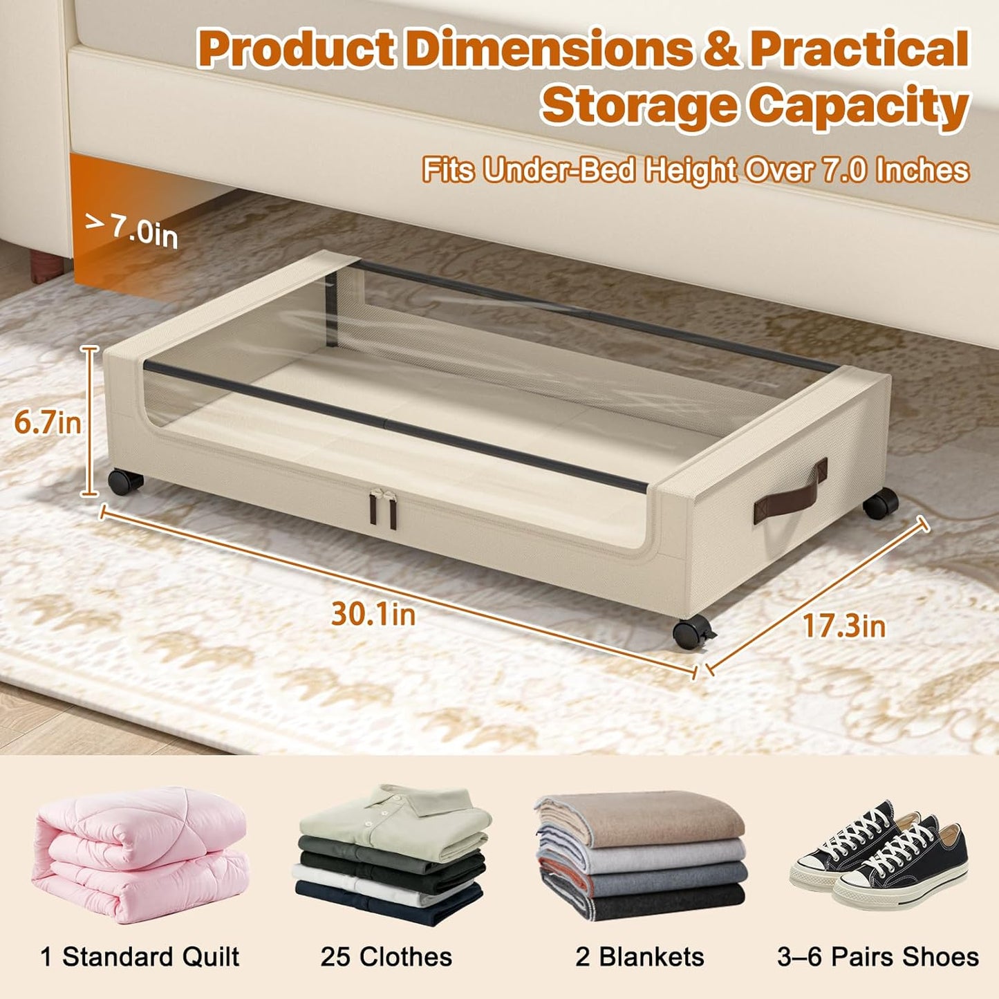 Under Bed Storage with Wheels, 4 Pack Under Bed Storage Containers with Clear Lids, XXL 60L Under-Bed Organizers for Clothes, Shoes – Durable Storage Bins with Smooth Rolling Wheels (White, 4 Pack)