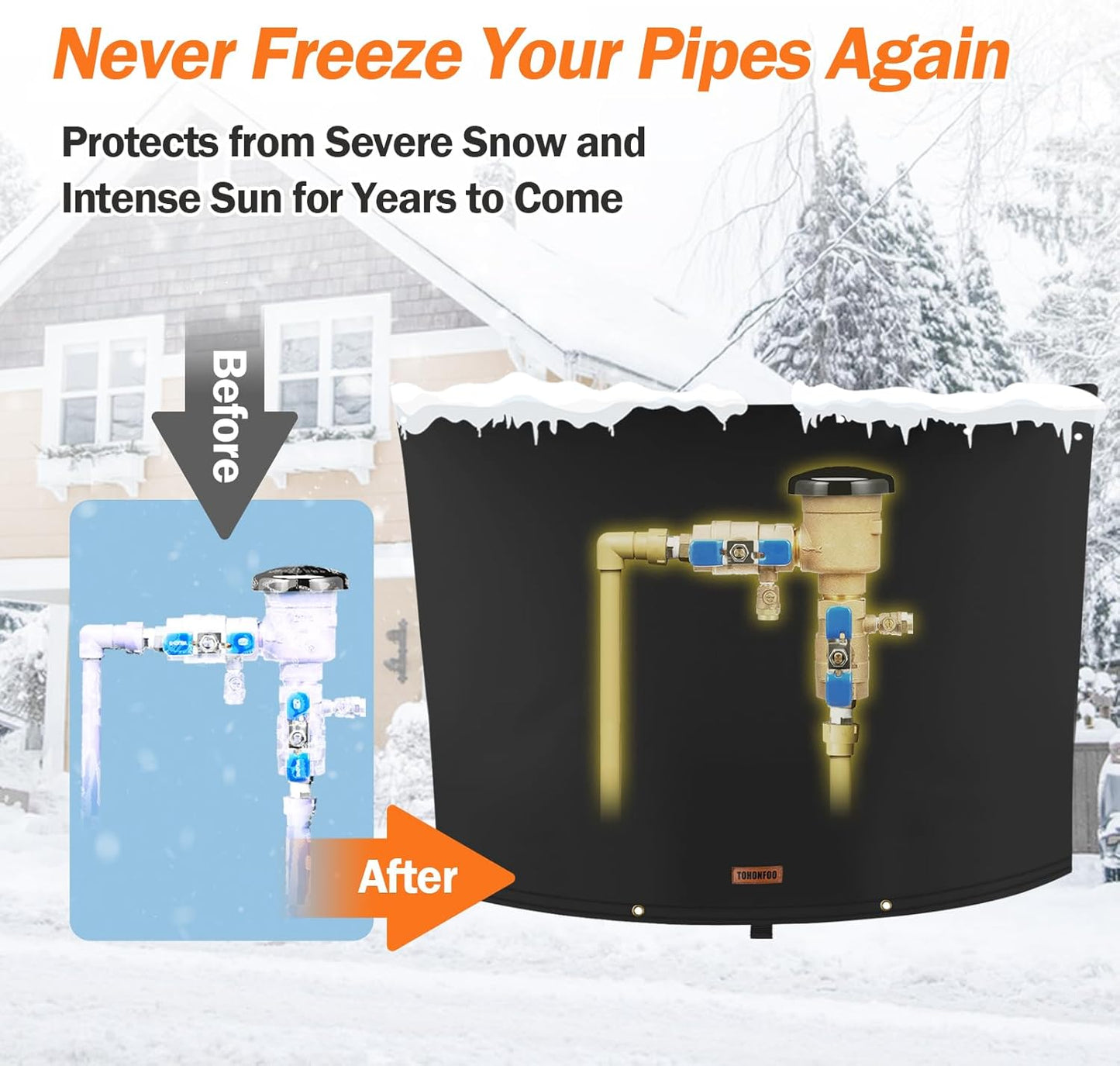 TOHONFOO Backflow Preventer Pipe Insulation Cover (5°F) - Irrigation Sprinkler Valve Insulated Pouch - Water Well Pump Cover - Sturdy 5 Layers for Winter Freeze Protection, 38" W x 24" H, Black