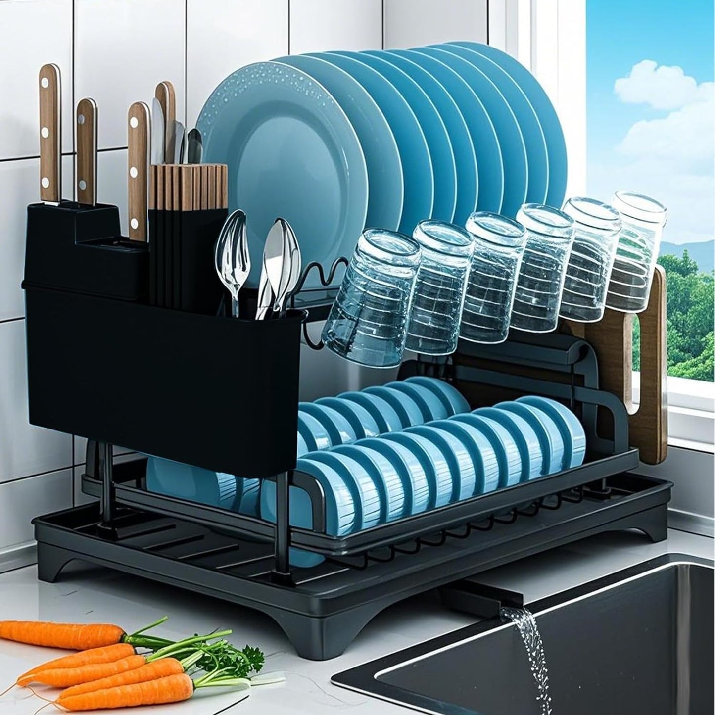 Dish Drying Rack, Stainless Steel Dish Rack, 2-Tier Kitchen Organizers for Dishes, Knives, Cups, Cutting Boards, Detachable Large Capacity Dish Drainer Organizer & Space-Saving Utensil Holder