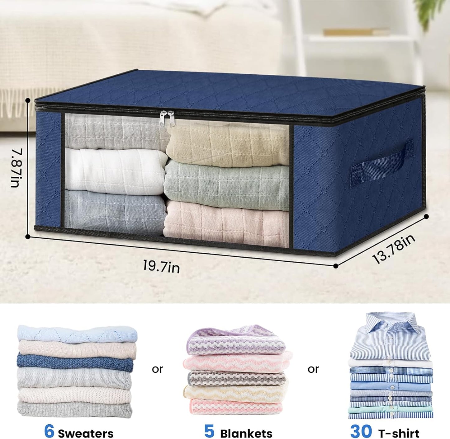HomeHacks Storage 10-Pack Clothes Organizer Storage Bags Foldable Storage Box with Large Clear Window Sturdy Handles for Closet, Dorm, Pillows, Bedding, Clothes, Blankets, 35L, Blue