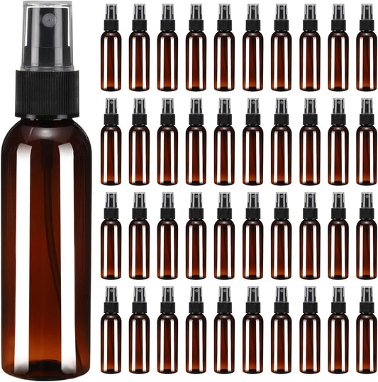 uxcell 100Pack Spray Bottles, 2Oz/60ML Reusable Clear Empty Mist Plastic Mini Travel Bottle Set,Small Refillable Liquid Containers for Household Use, Essential Oil, Cleaning (Brown Black)