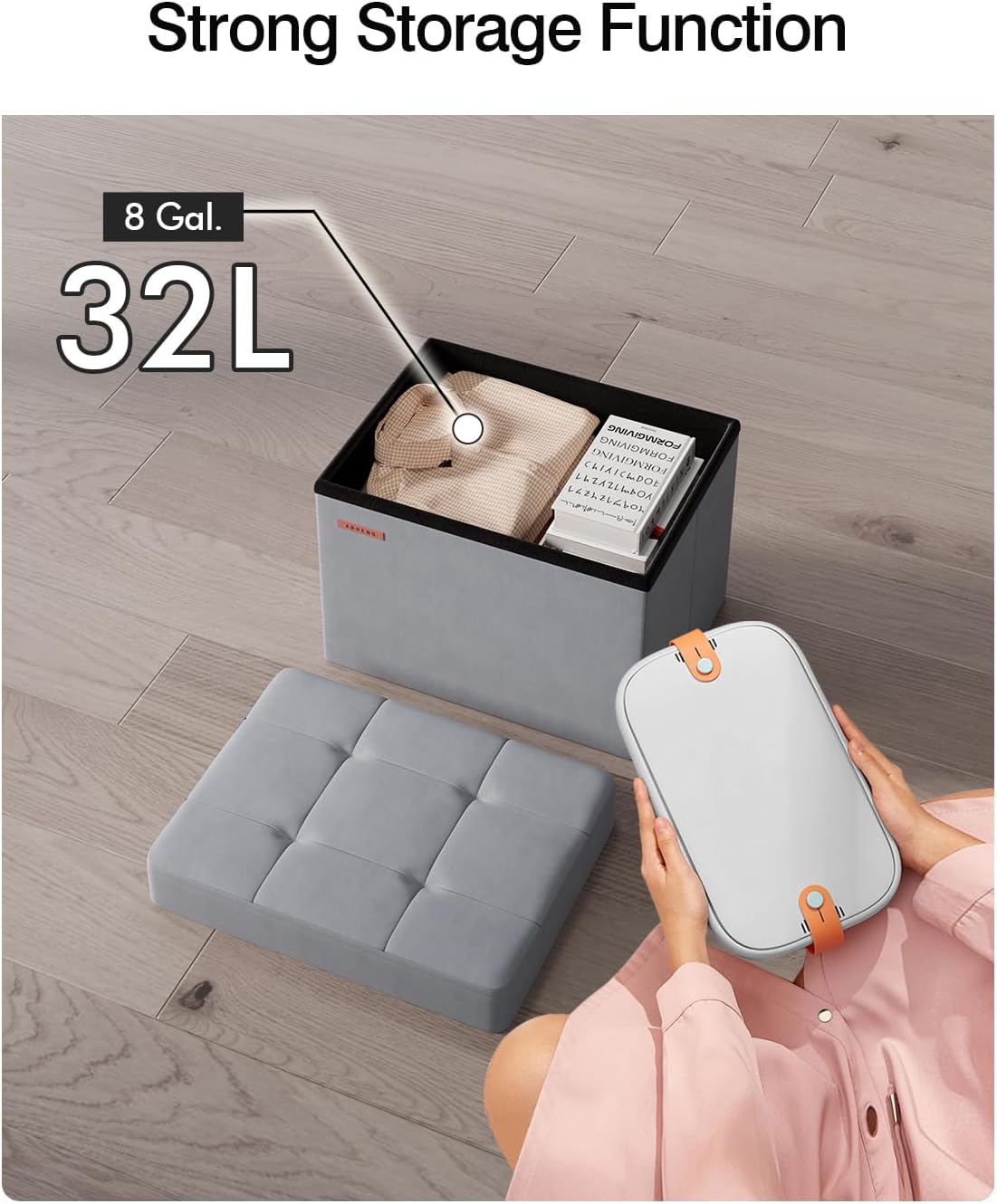 Folding Storage Ottoman, Velvet Storage Bench, Footrest, Foot Stool, for Living Room, Bedroom and Office,12.2 x 16.1 x 12.2 Inches, 200 kg Load Capacity, Dove Gray UASND03G