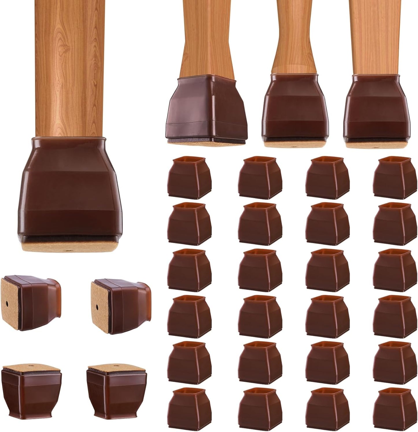 BALEINE 24 Pack Silicone Chair Leg Floor Protectors, Stool Leg Protectors Cap, Non-Slip Chair Leg Caps for Hardwood Floors (Brown & Small (Square), 24 Pack)