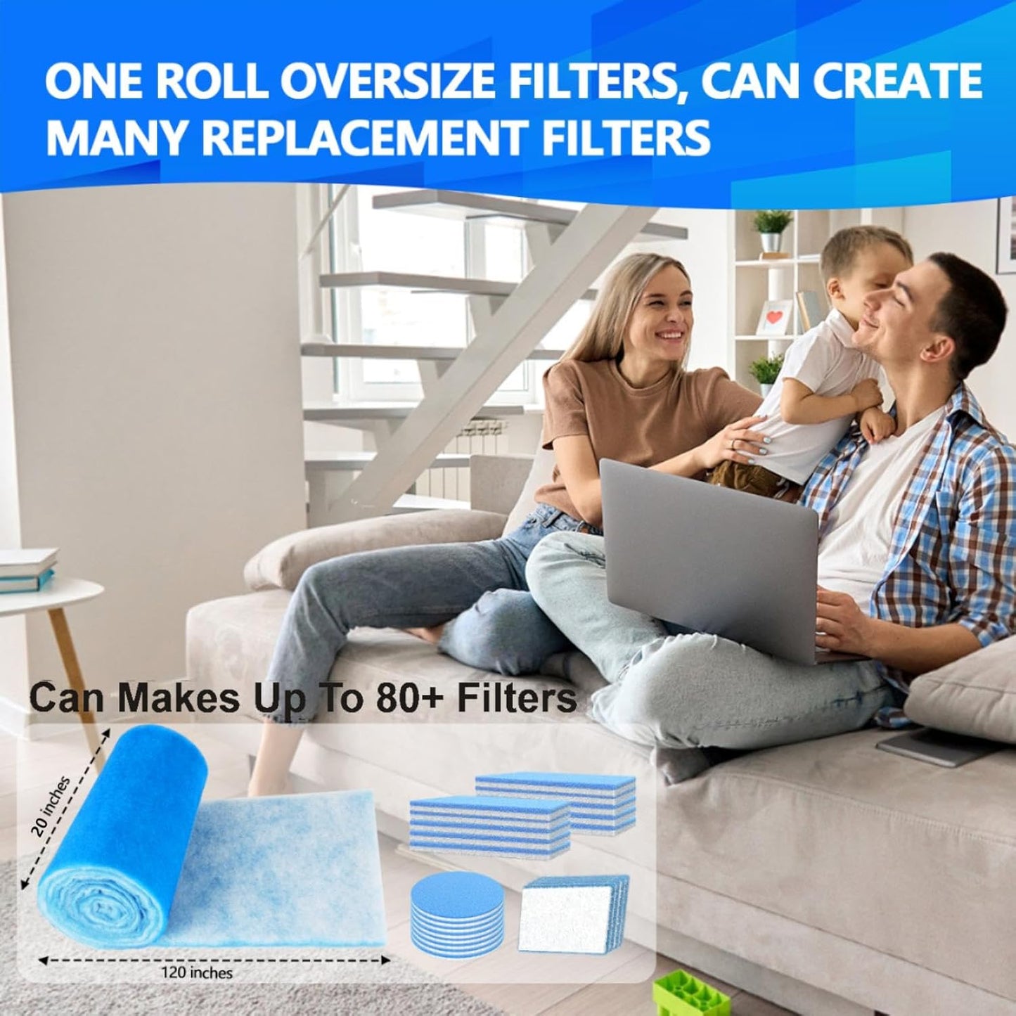 20" x120" Air Vent Filters, Cut to Fit Air Filter (80+ Filters), MERV 8 Triple Vent Filter for Home Floor, Ceiling, RV, HVAC Furnace Vents, With Adhesive Hook Tape and Installation Tape
