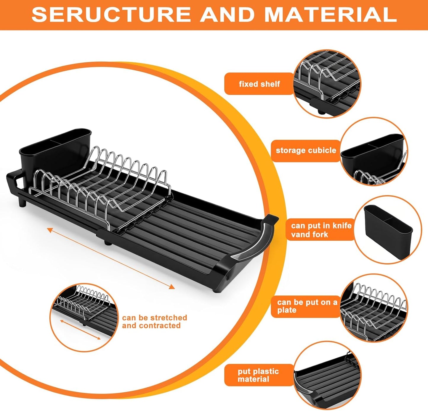 Dish Drying Rack Compact Expandable - A Space-Saving, Stainless Steel, Rust-Resistant Dish Drainer for Kitchen and Apartment Countertops/Sink Cabinets, Extendable from 11.42 to 19.9 inches(Black)