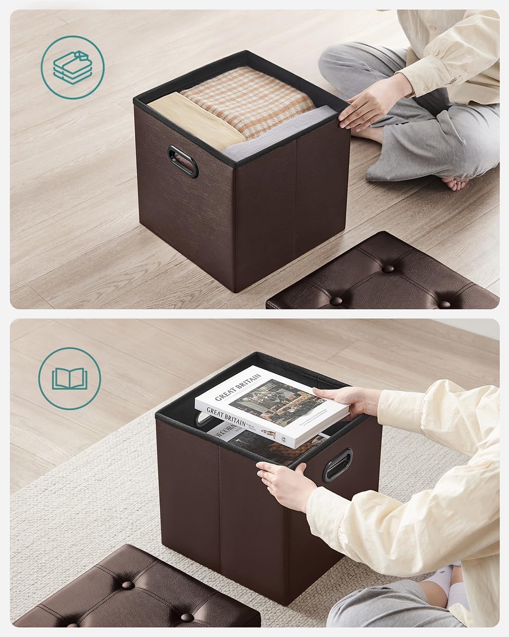 SONGMICS MAZIE Collection - 15 Inches Ottoman with Storage, Footstool, Storage Ottoman with Metal Grommet Handles, Load 660 lb, for Dorm, Living Room, Bedroom, Synthetic Leather, Brown ULSF30Z