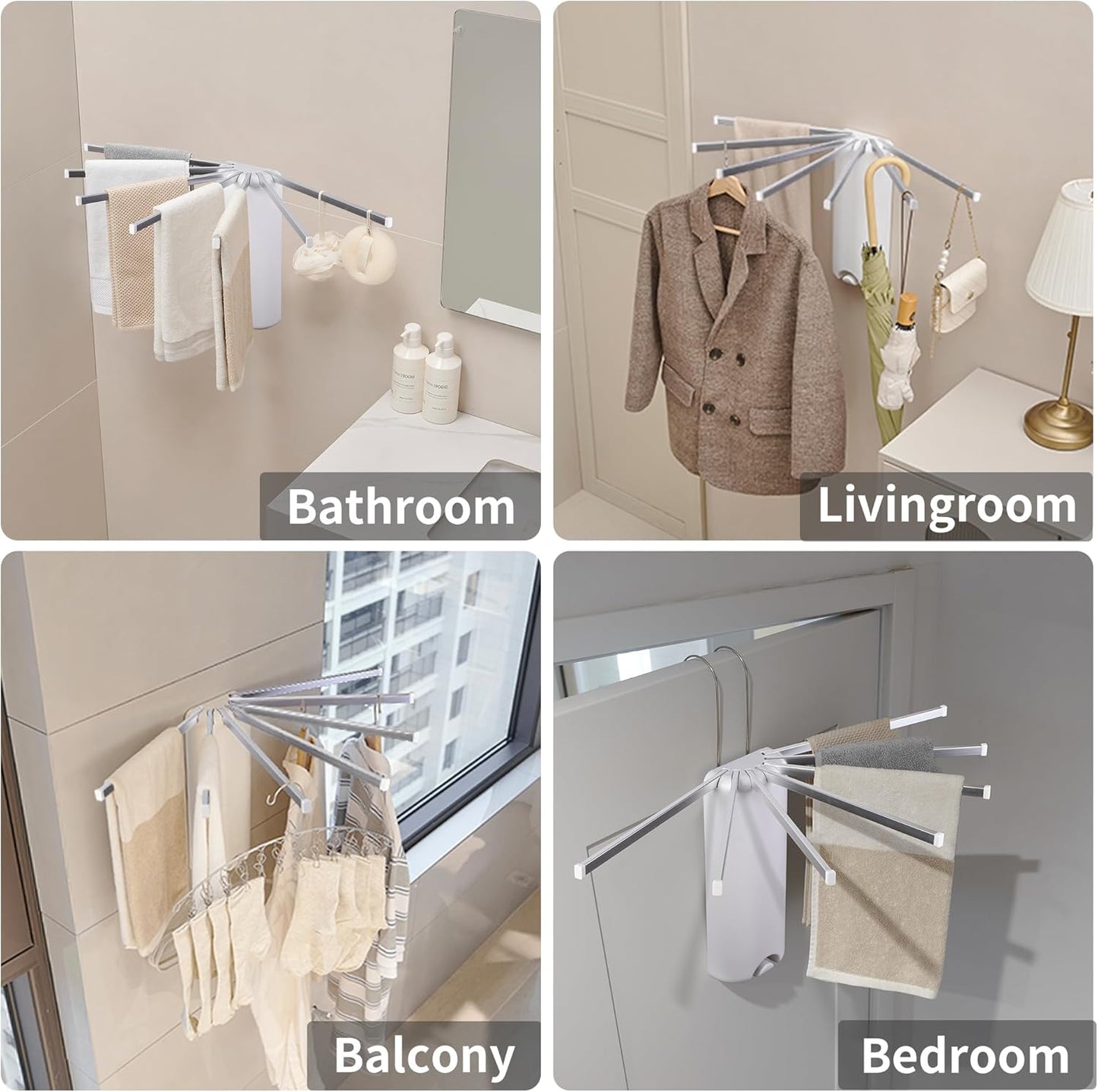 LEQ Wall Mounted Clothes Drying Rack, Garment Rack Foldable Space Saving Laundry Drying Rack with 7 Hanging Rods,Drying Rack Clothing for Laundry Balcony Bedroom Household Aluminium